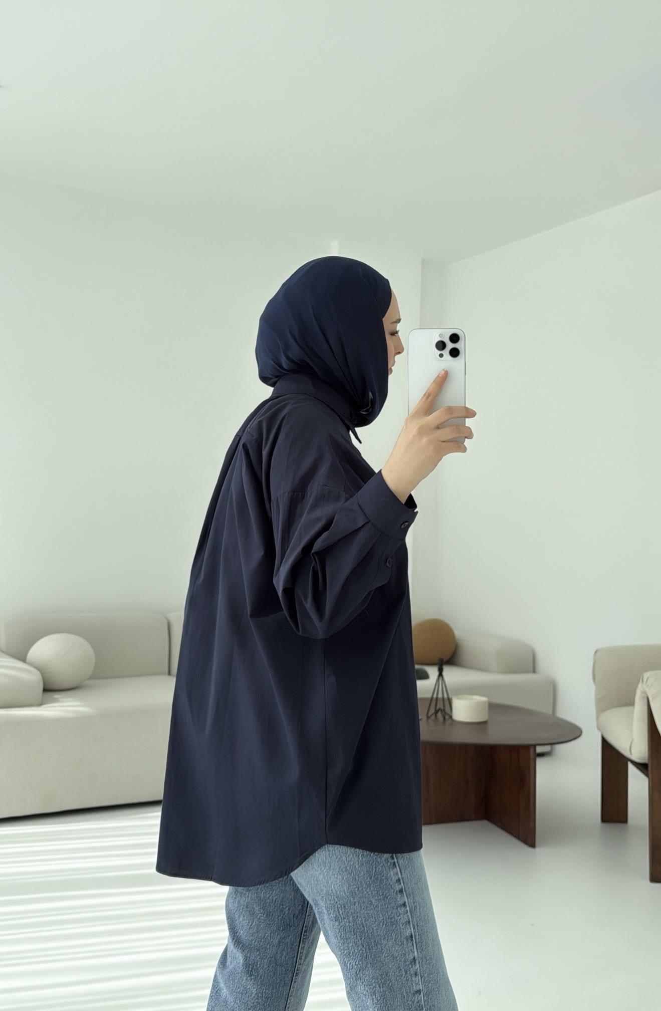Poplin Oversize Gömlek Lacivert
