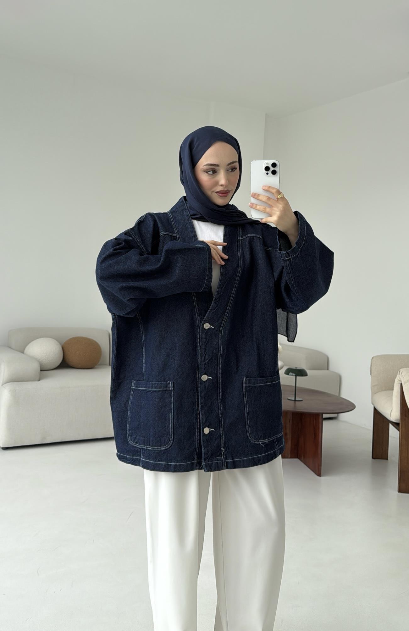 Oversize Wide Denim Ceket Lacivert