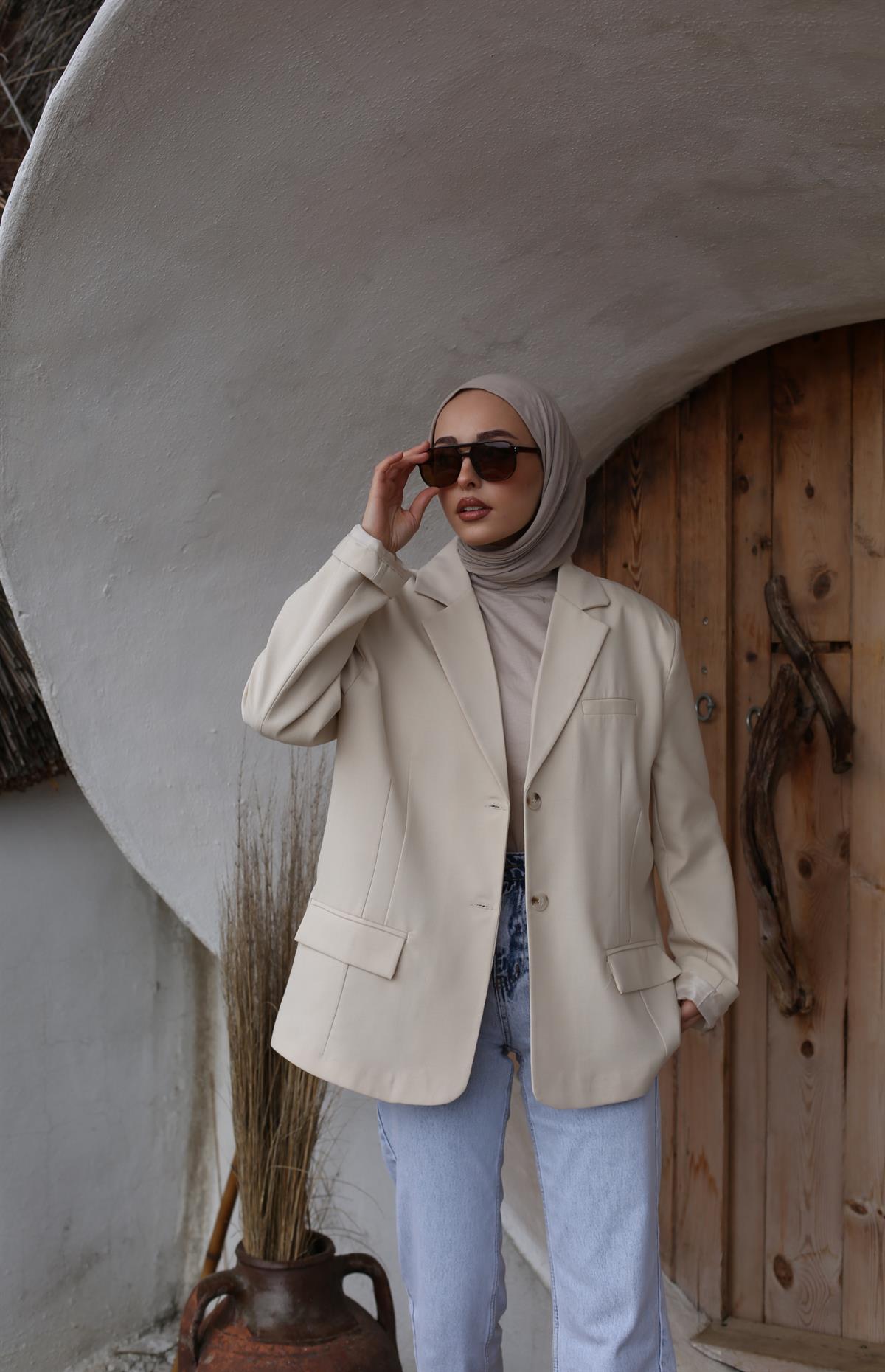 Oversize Kesim Blazer Ceket Bej