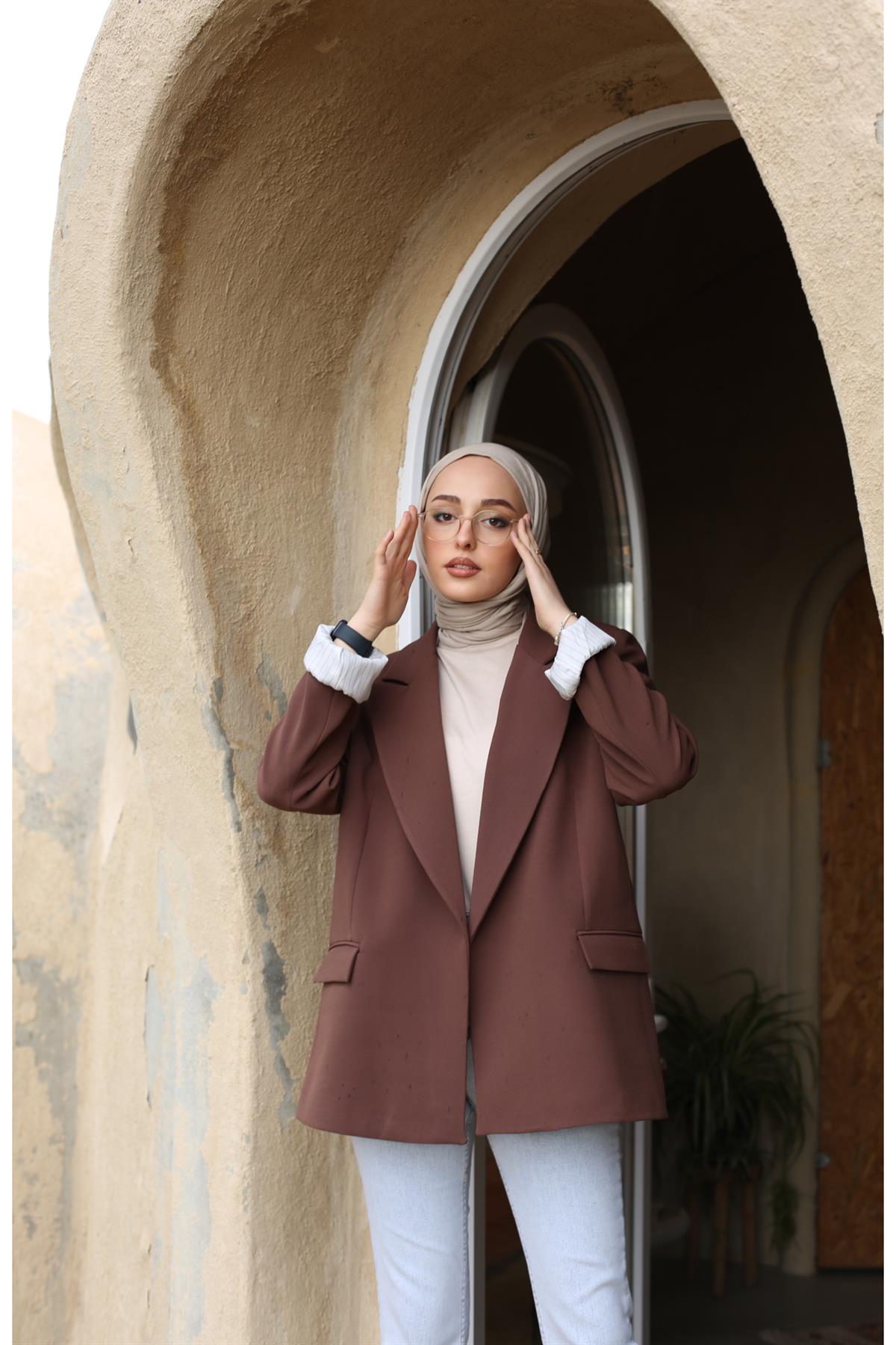 İç Astarı Çizgili Blazer Ceket Kahve