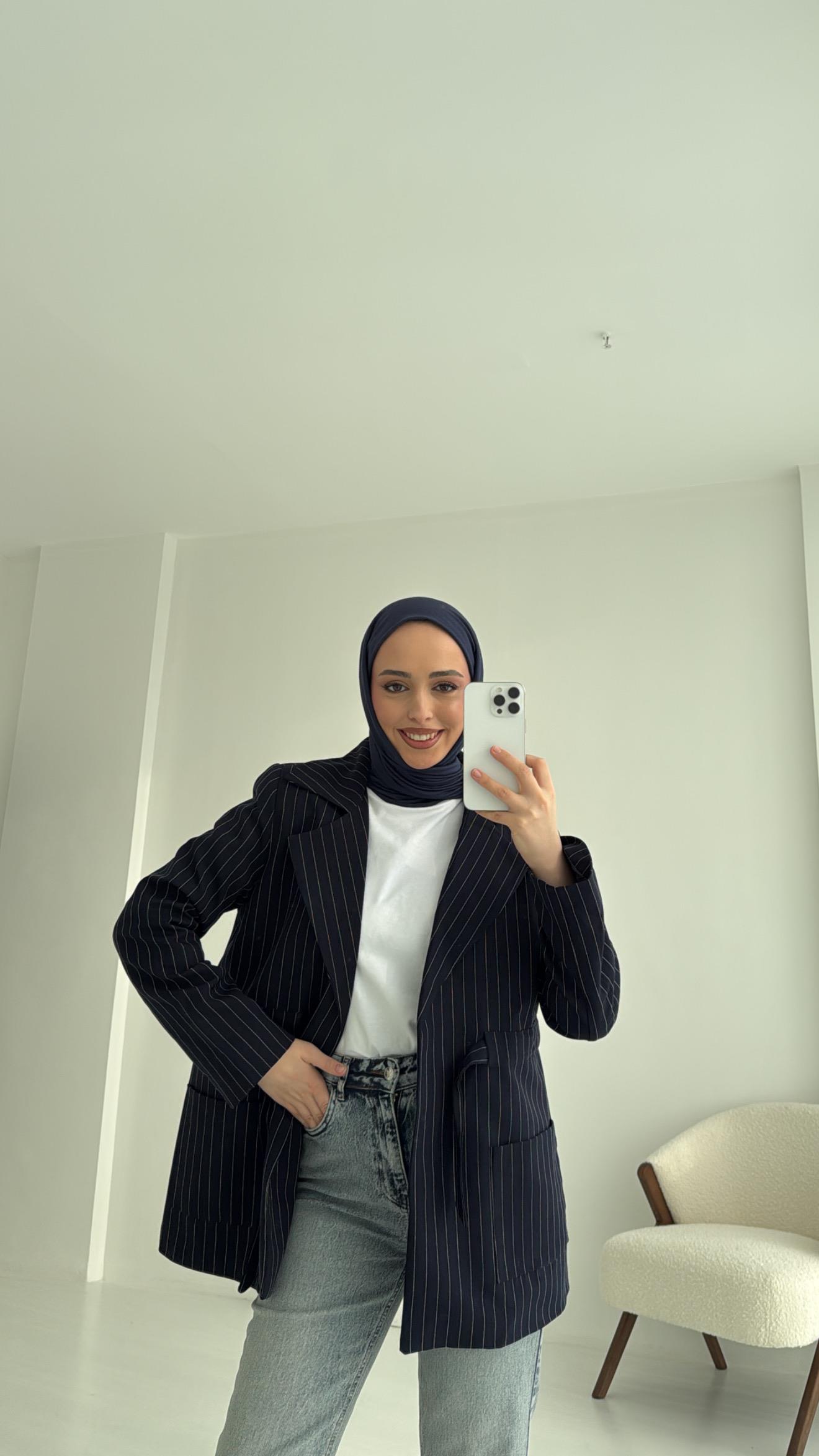 Bağlamalı Çizgili Blazer Ceket