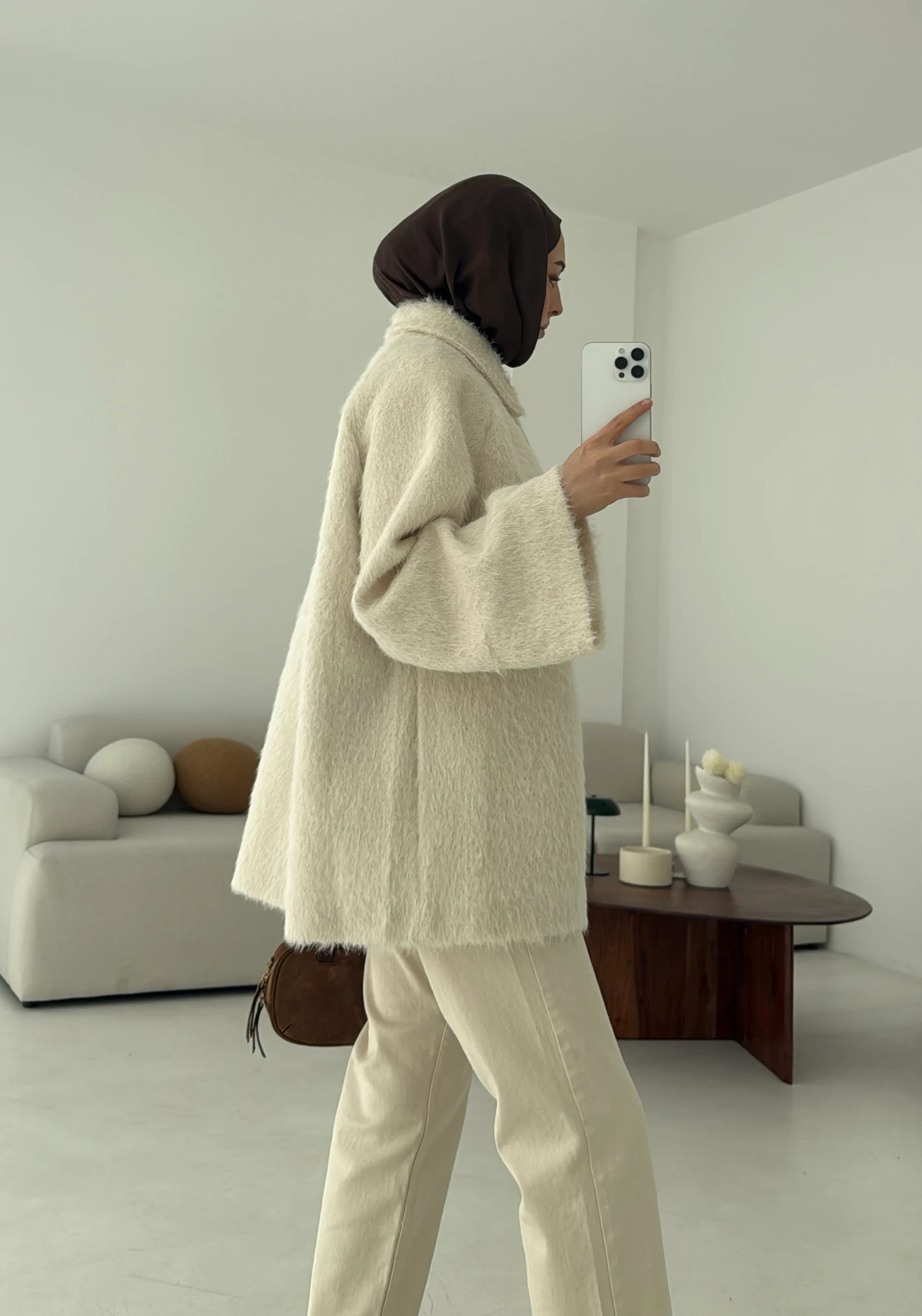 Mohair Reglan Kol Kaban Krem