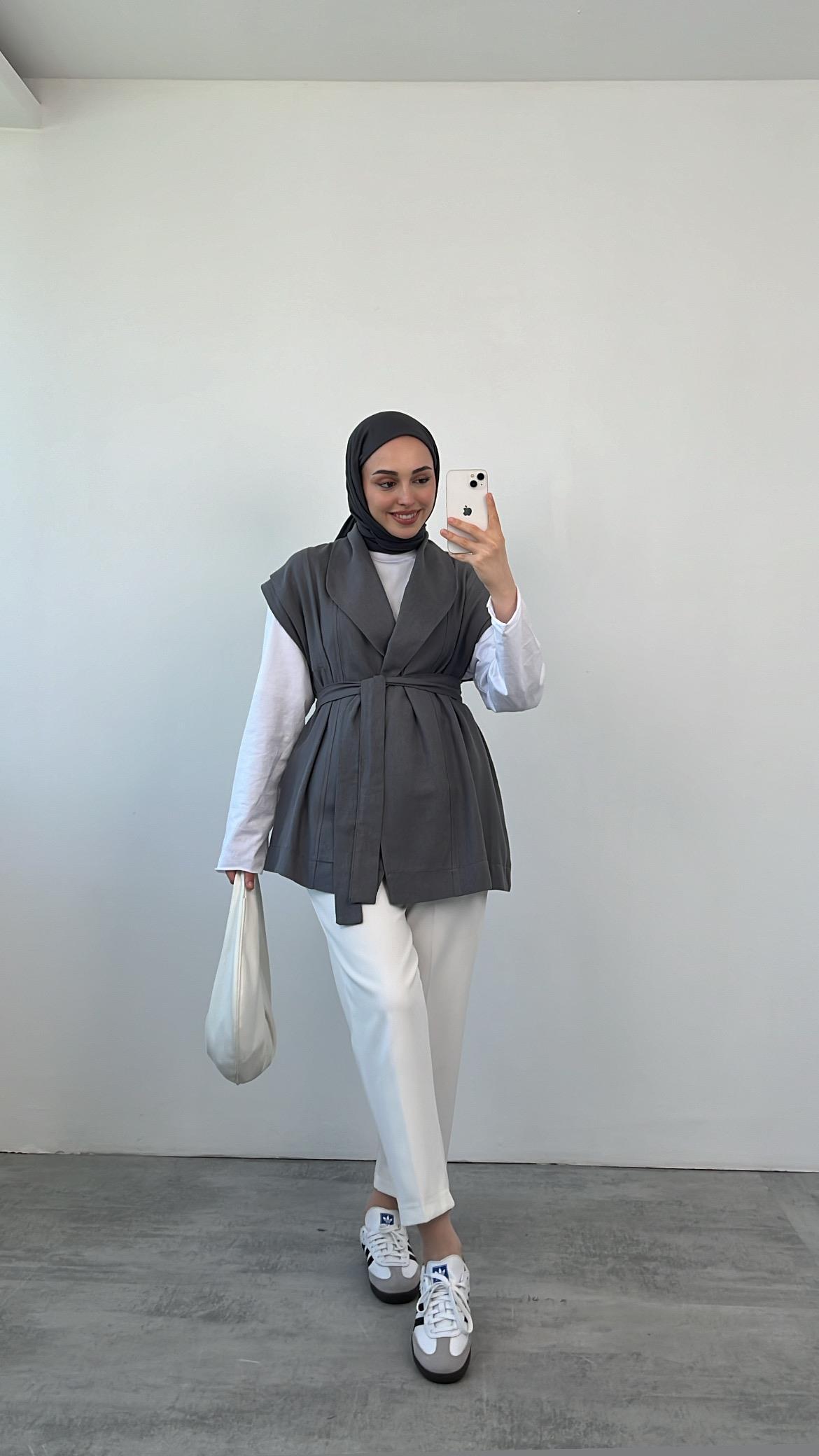 Bağlamalı Keten Yelek Gri