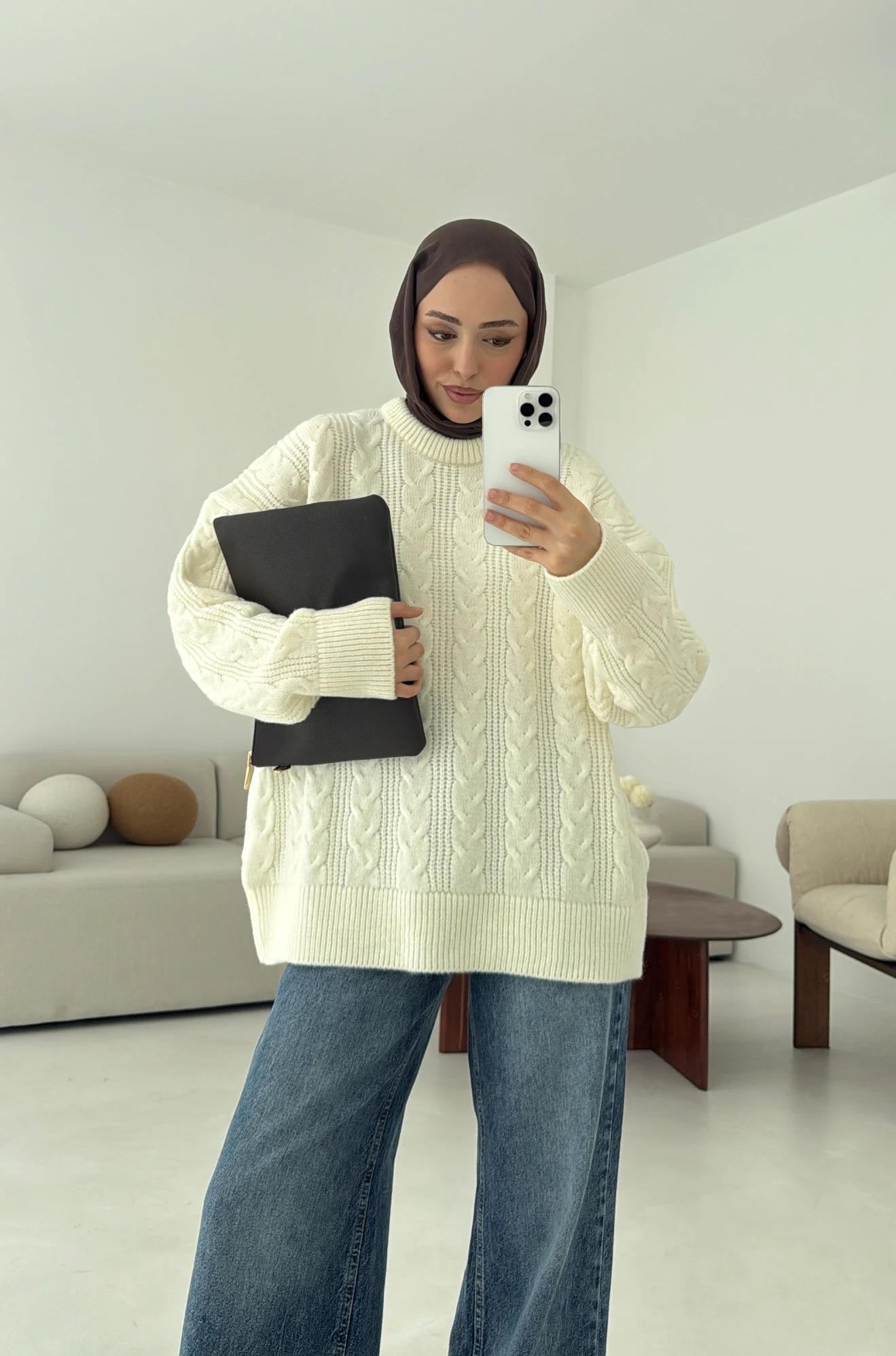 Kalın Saç Örgü Kazak Ekru