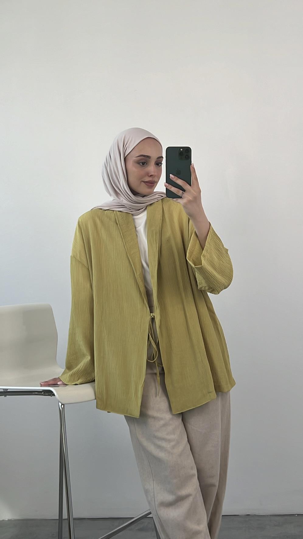 Yağ Yeşili Dokulu Kimono
