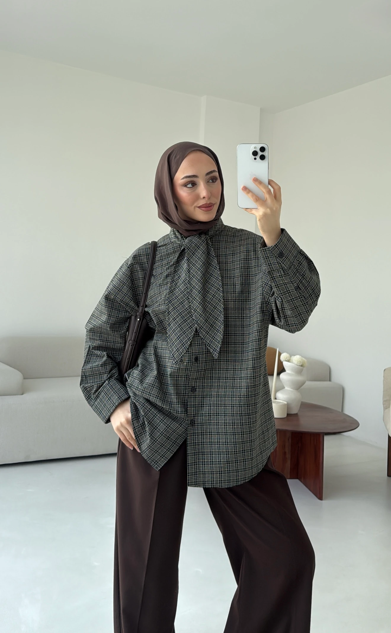 Fular Detay Ekose Gömlek Haki/Kahve