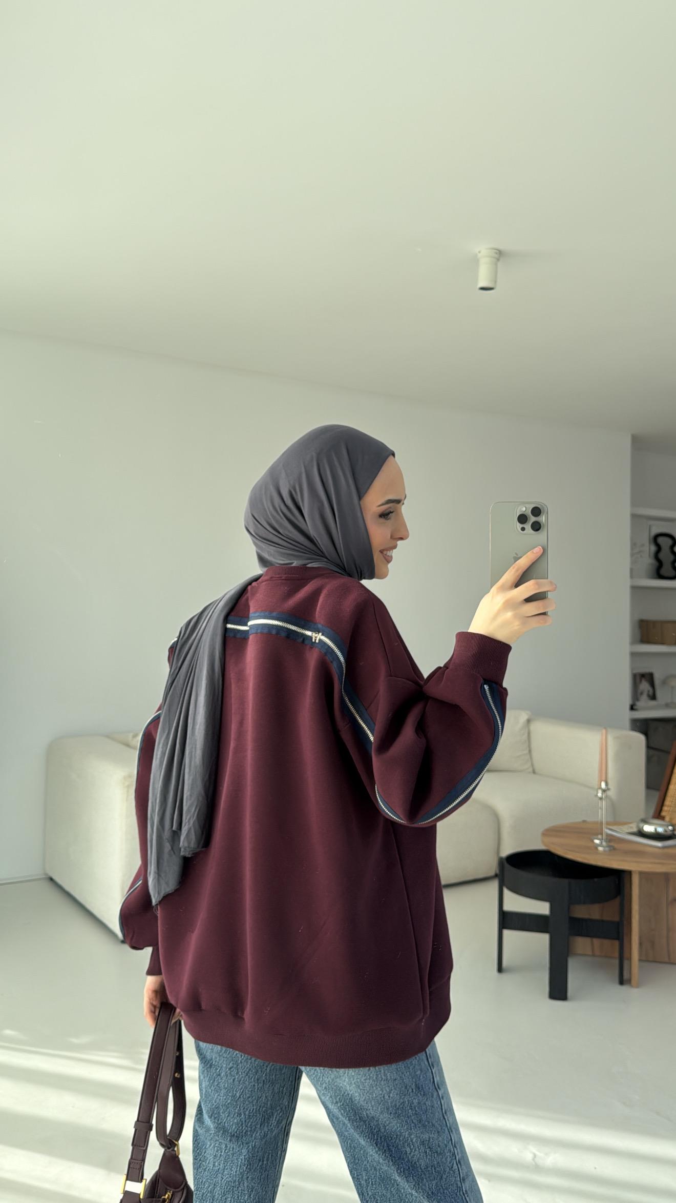 Baston Baskılı Sweatshirt Bordo