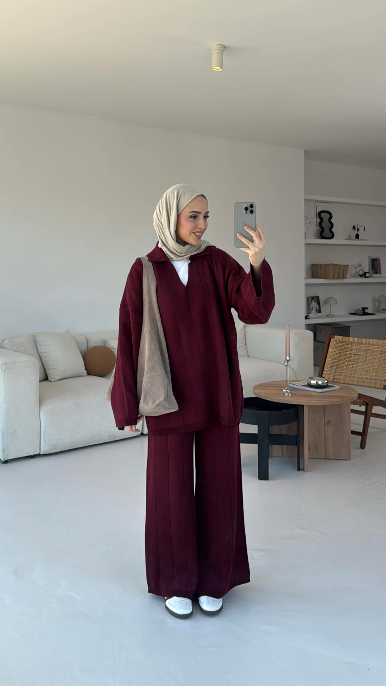 Düz Fitilli Triko Takım Bordo