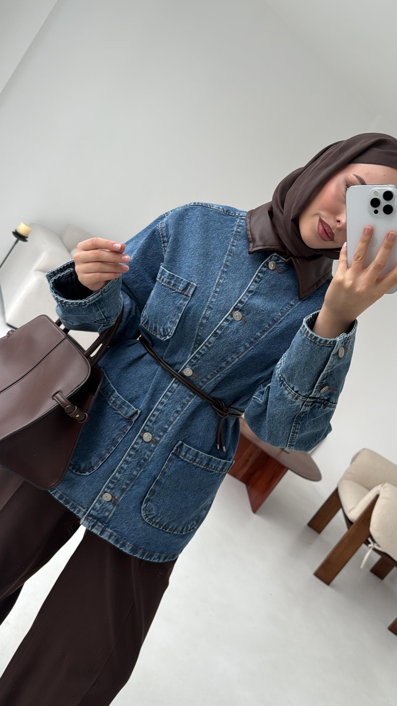 Yakası Deri Denim Ceket
