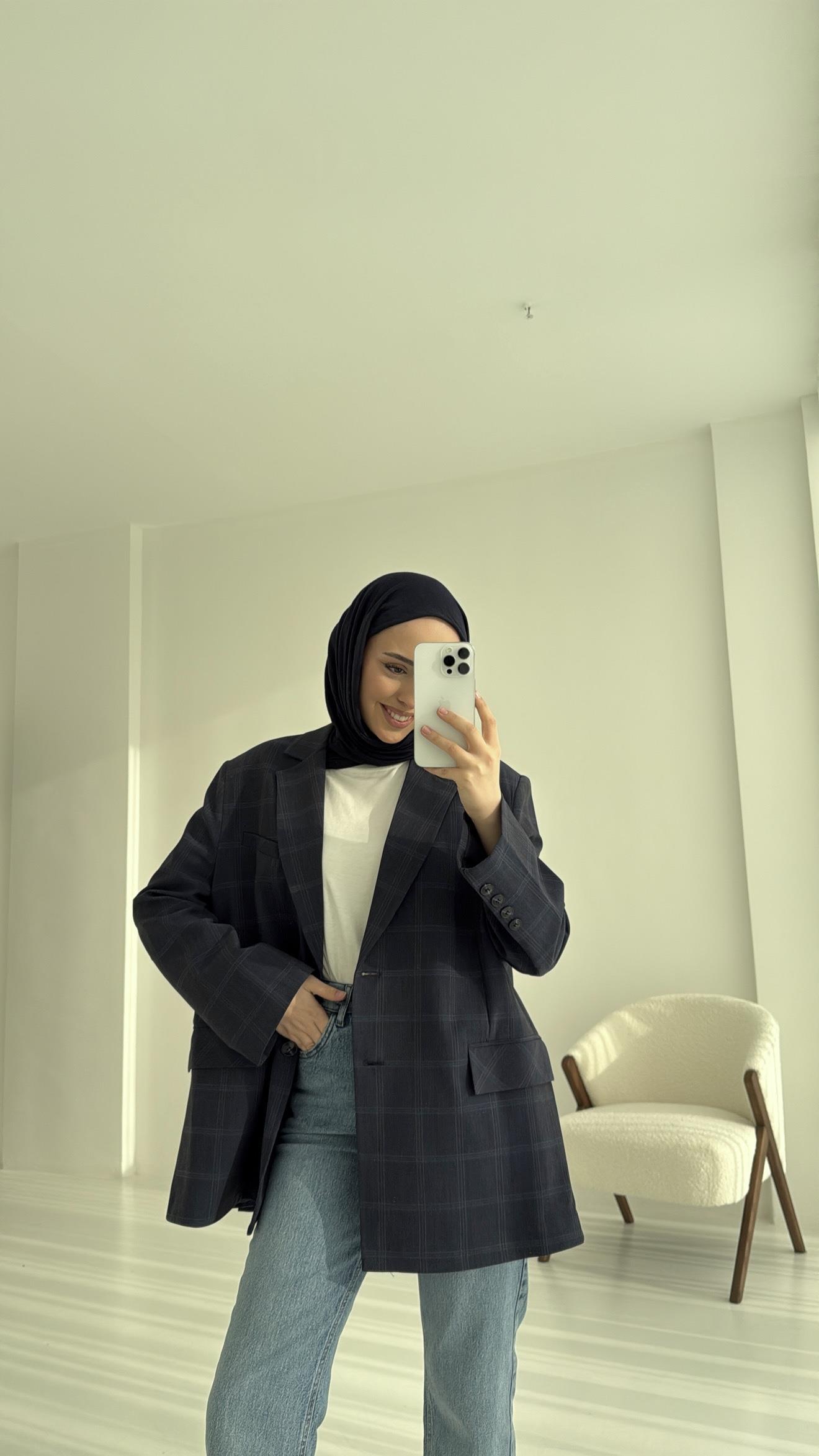 Ekose Oversize Blazer Ceket Lacivert