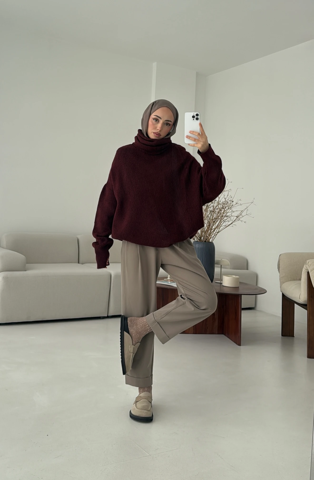 Balıkçı Yaka Oversizse Triko Kazak Bordo