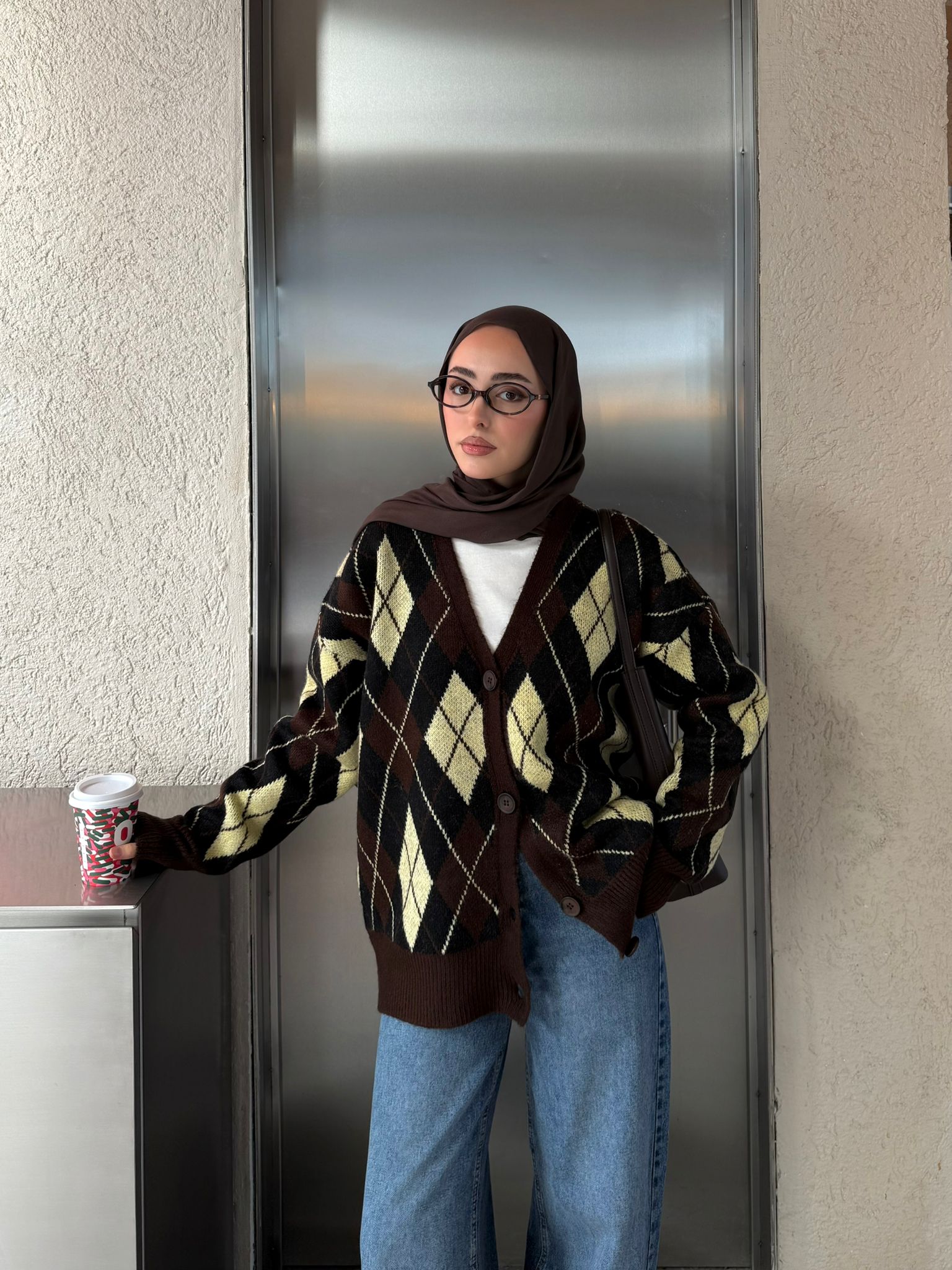 Baklava Jakarlı Hırka Kahve/Sarı