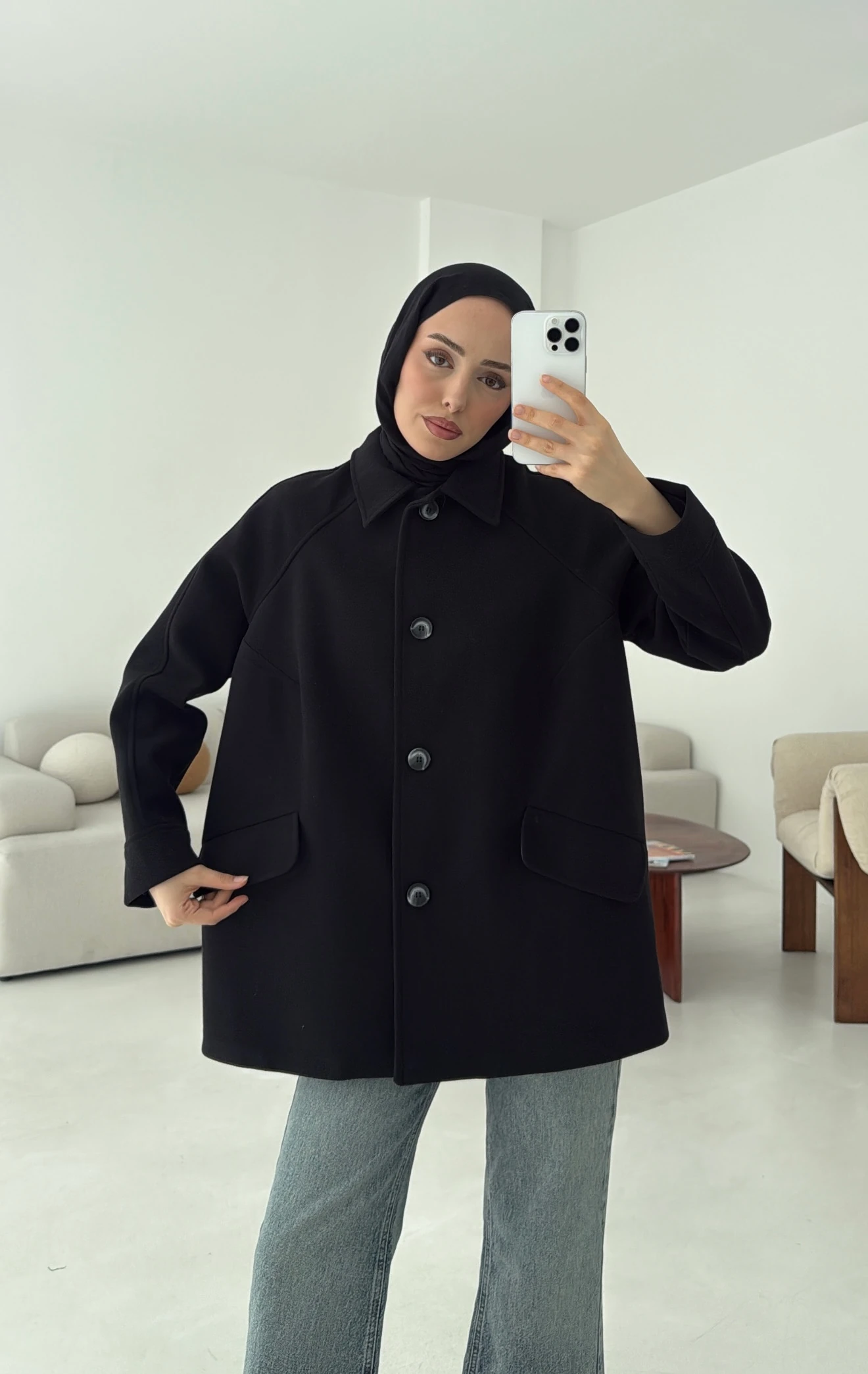 Ön Düğmeli Kaban Siyah