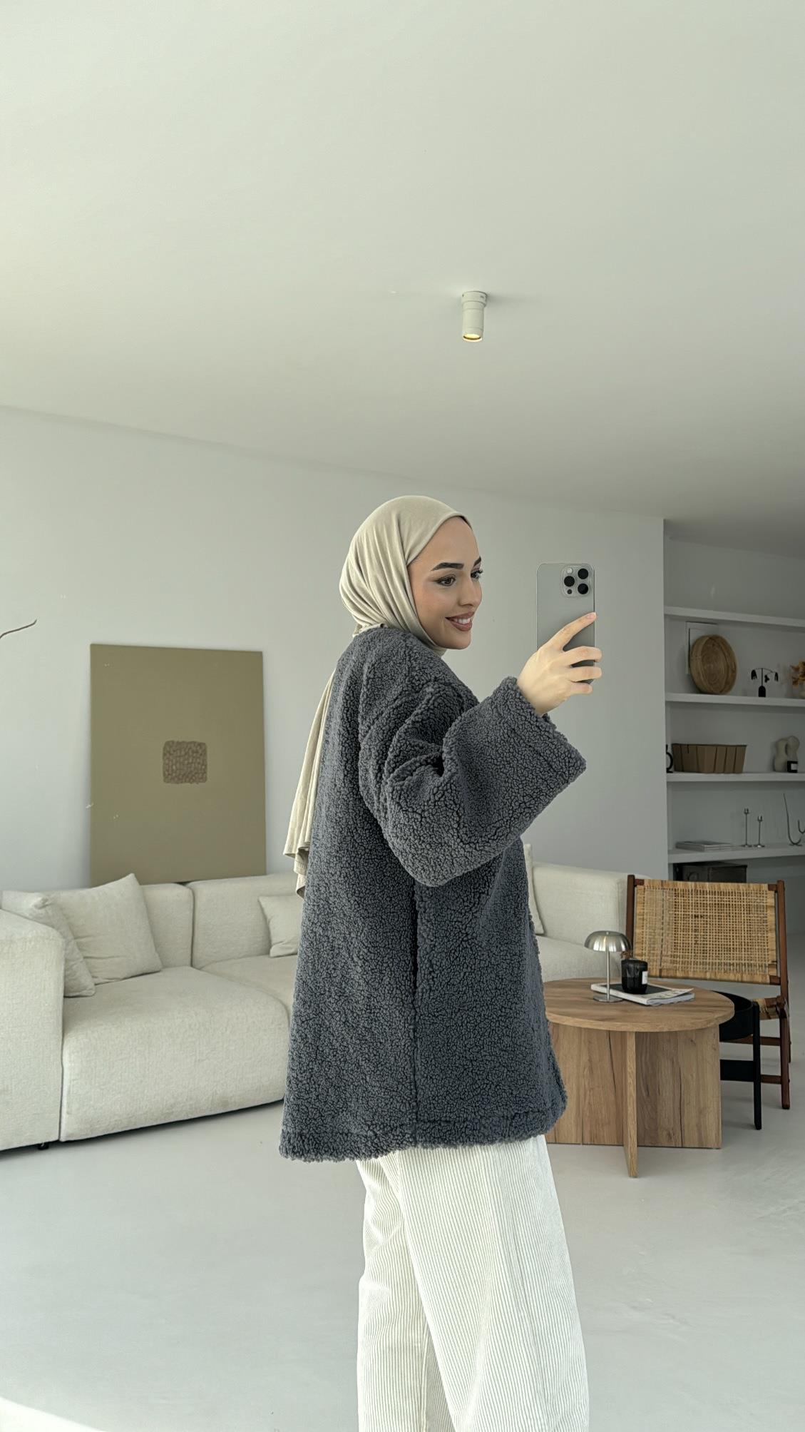 Teddy Bağlamalı Ceket Antrasit