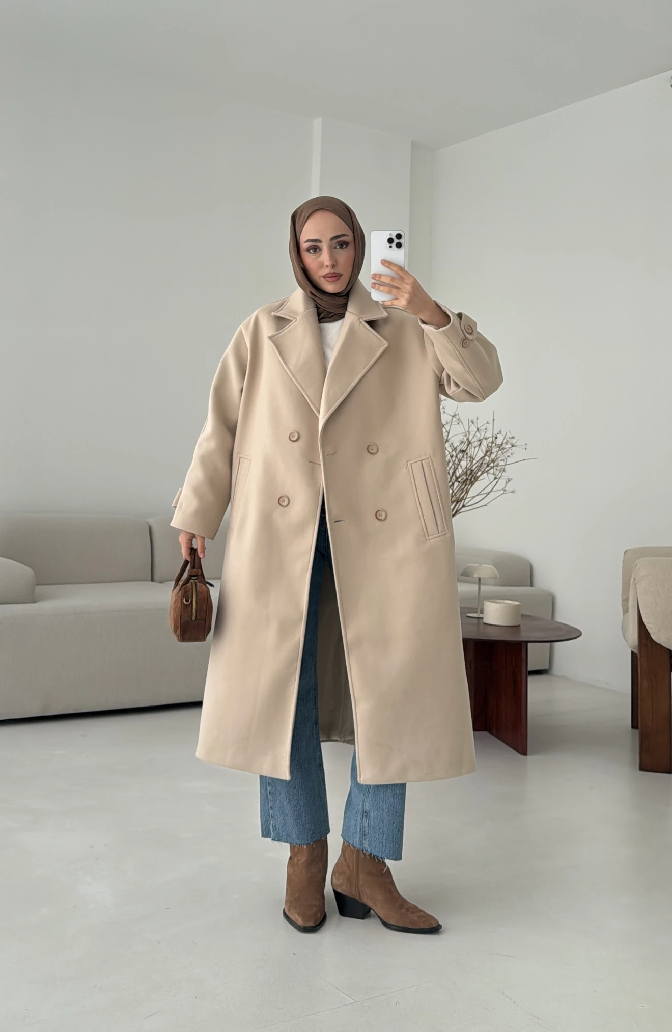  Çift Düğmeli Uzun Kaban Bej