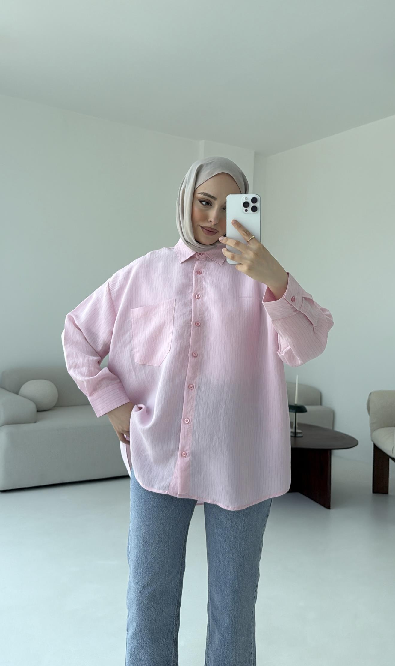 Pembe Tek Cep Çizgili Gömlek