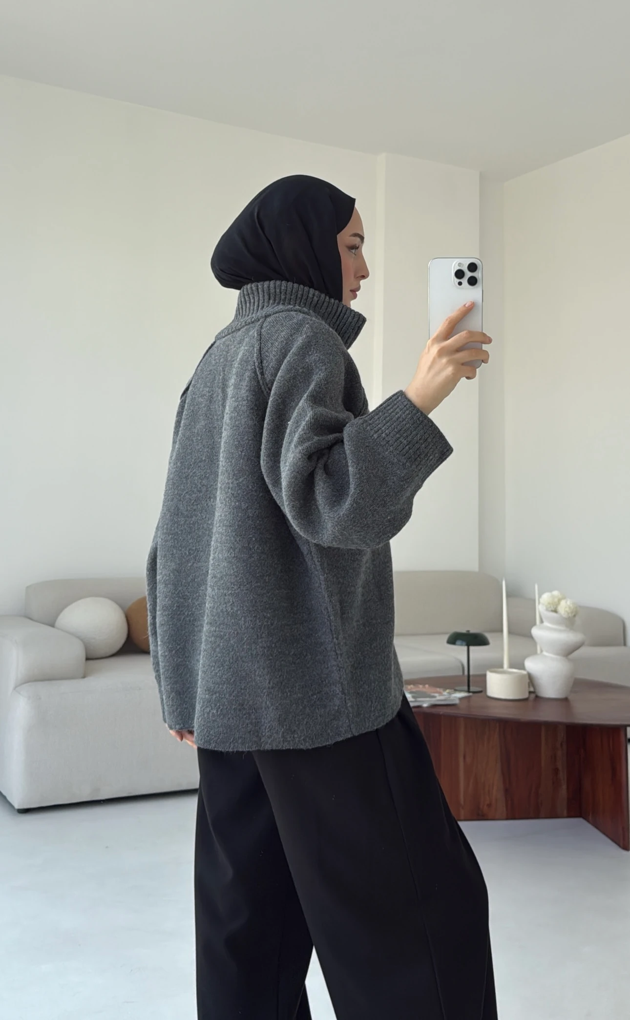 Fermuarlı Şardonlu Hırka Antrasit