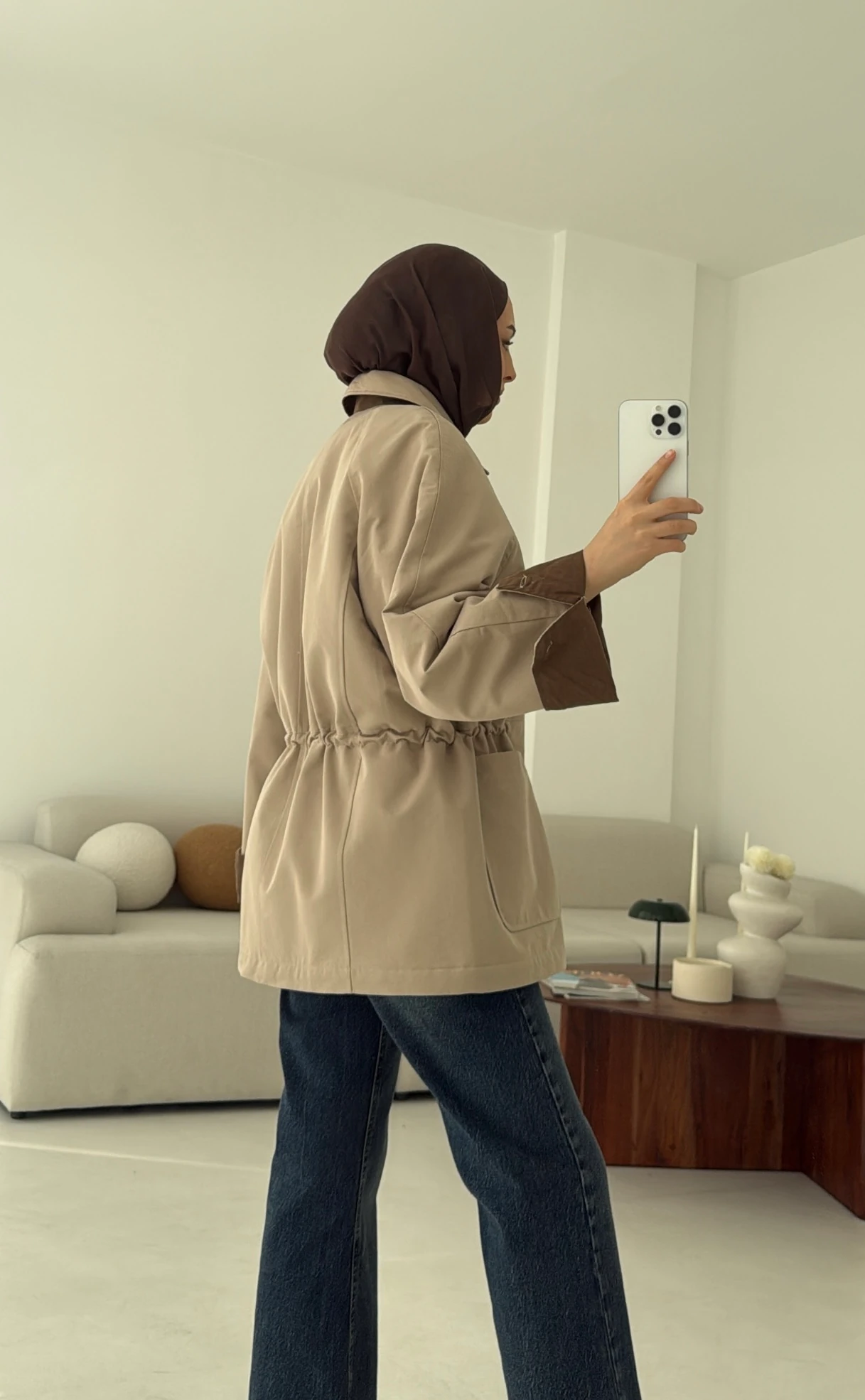 Beli Kordonlu Dolgulu Ceket Bej