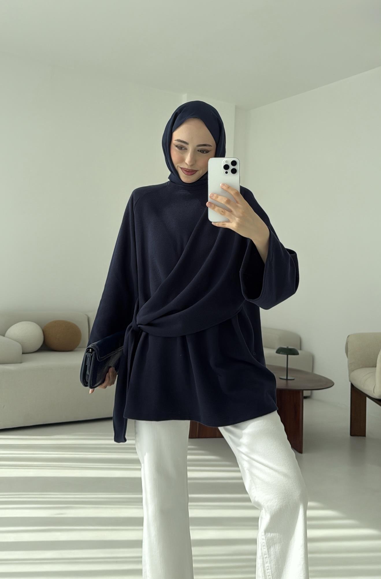 Yandan Şallı Tunik Lacivert