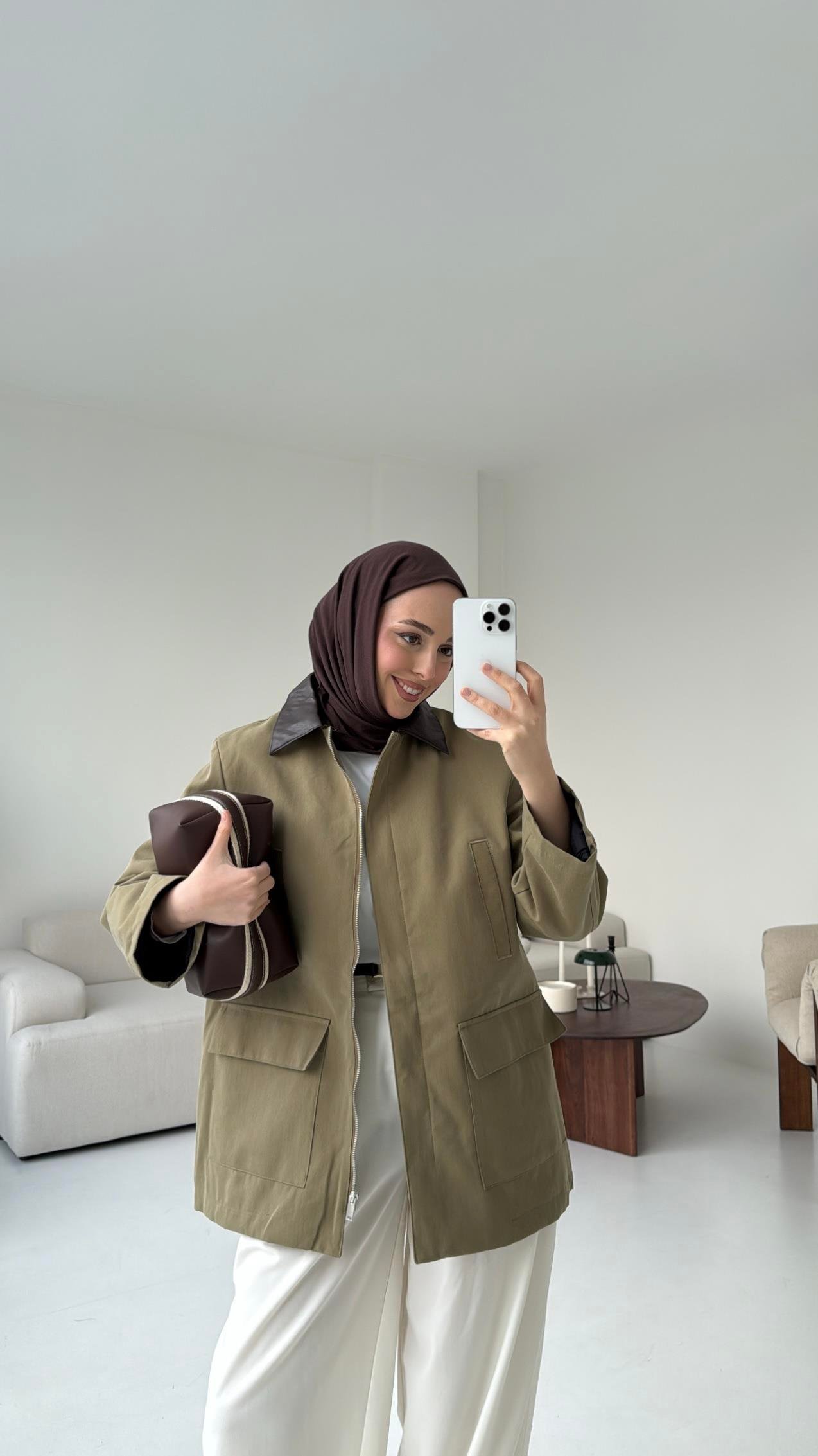 Yakası Deri İçi Kapitone Olive