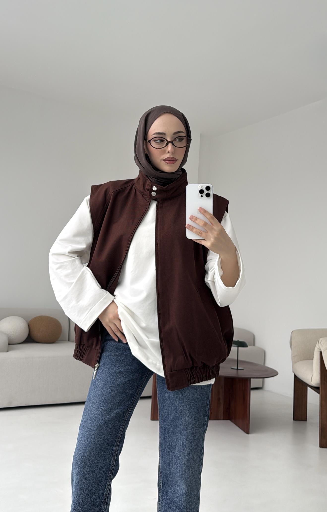 Dik Yaka Kahve Gabardin Yelek