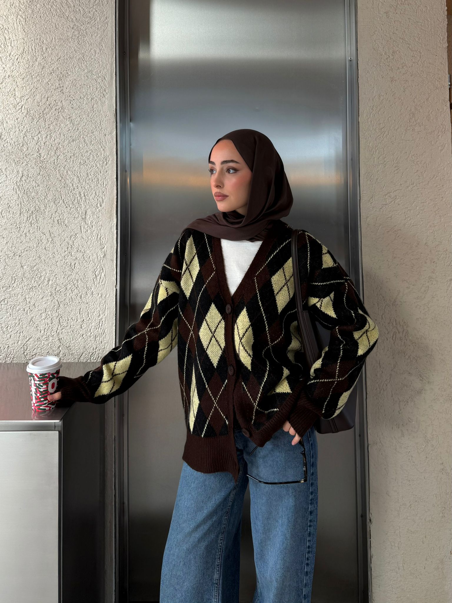 Baklava Jakarlı Hırka Kahve/Sarı