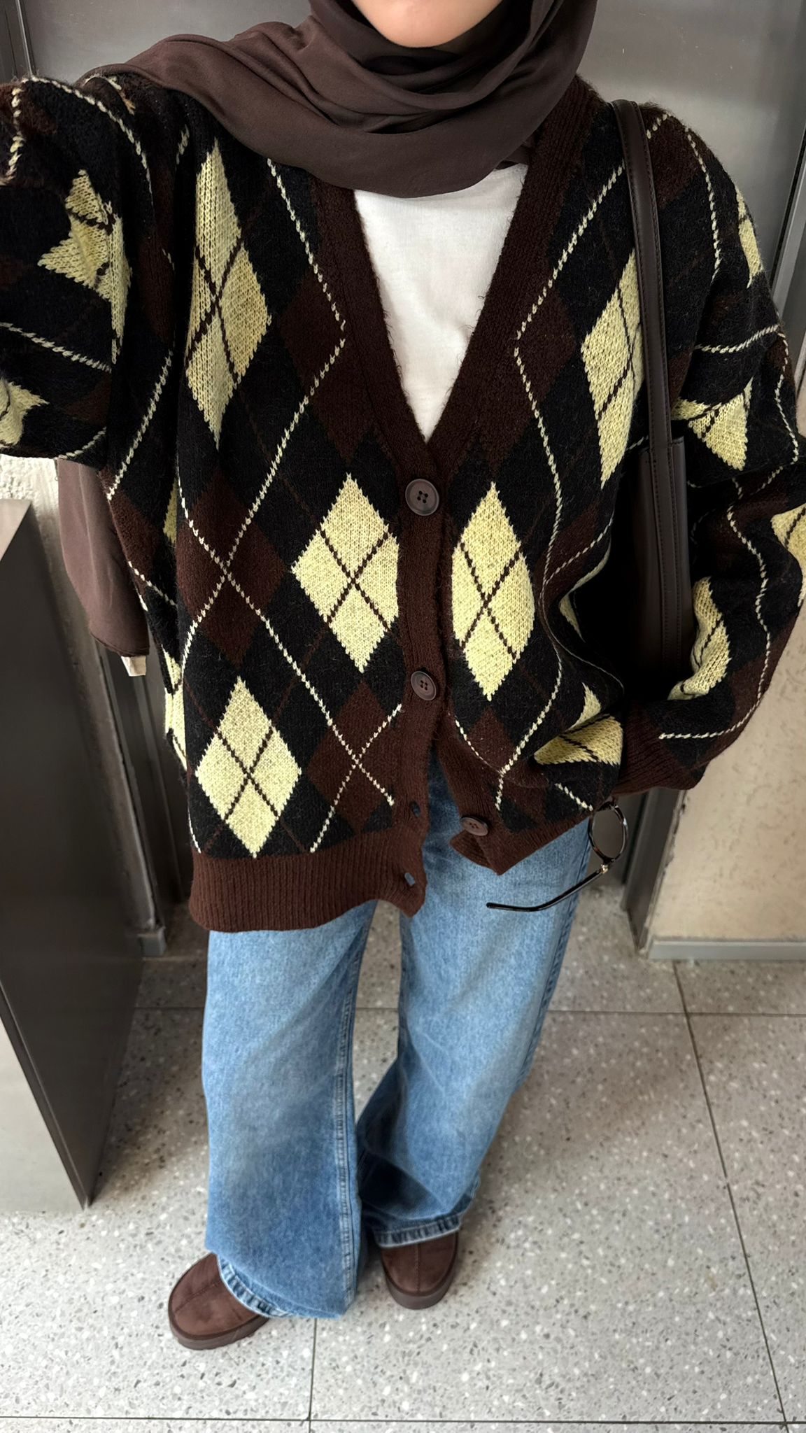 Baklava Jakarlı Hırka Kahve/Sarı