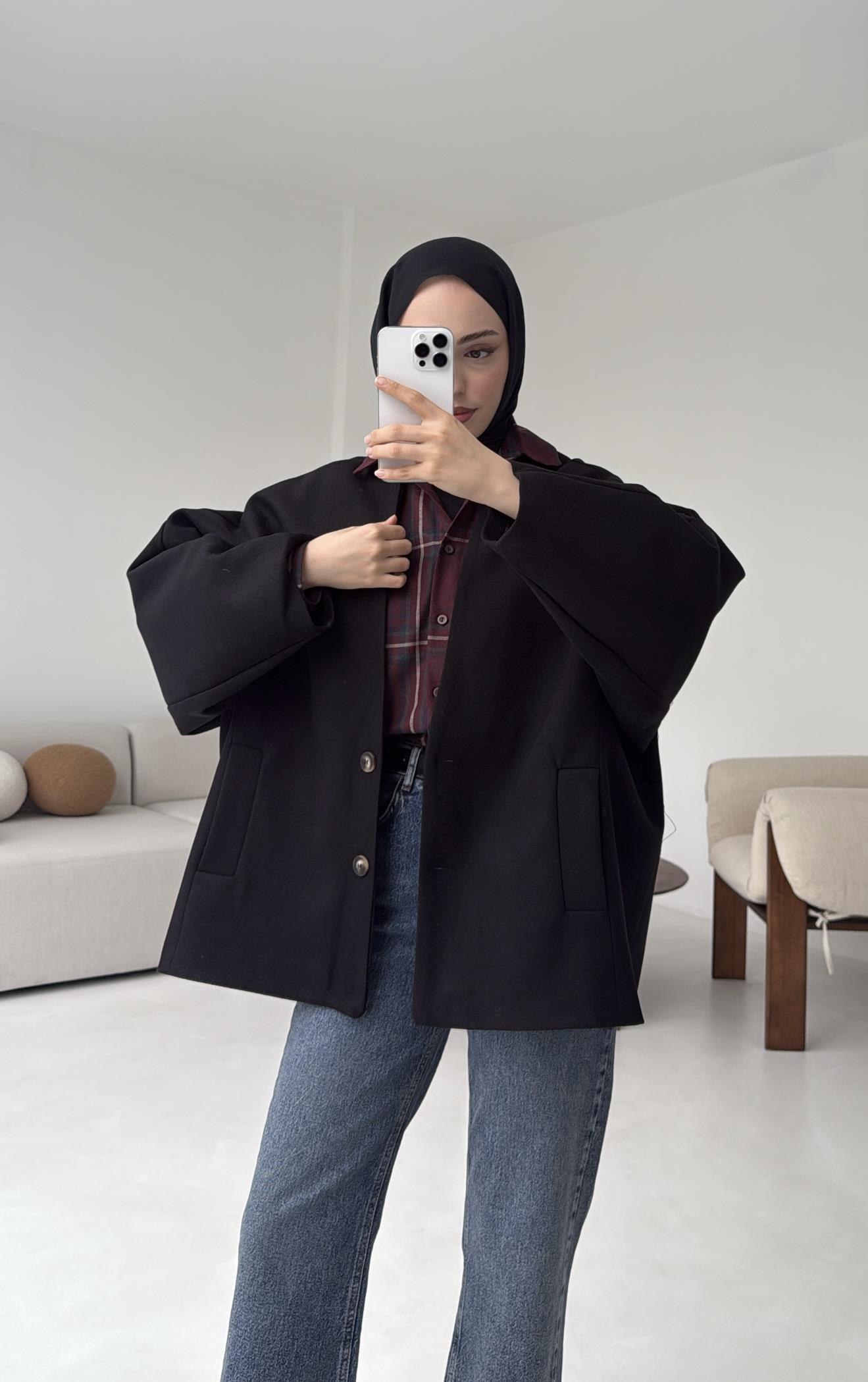 Soft Oversize Kaşe Kaban Siyah