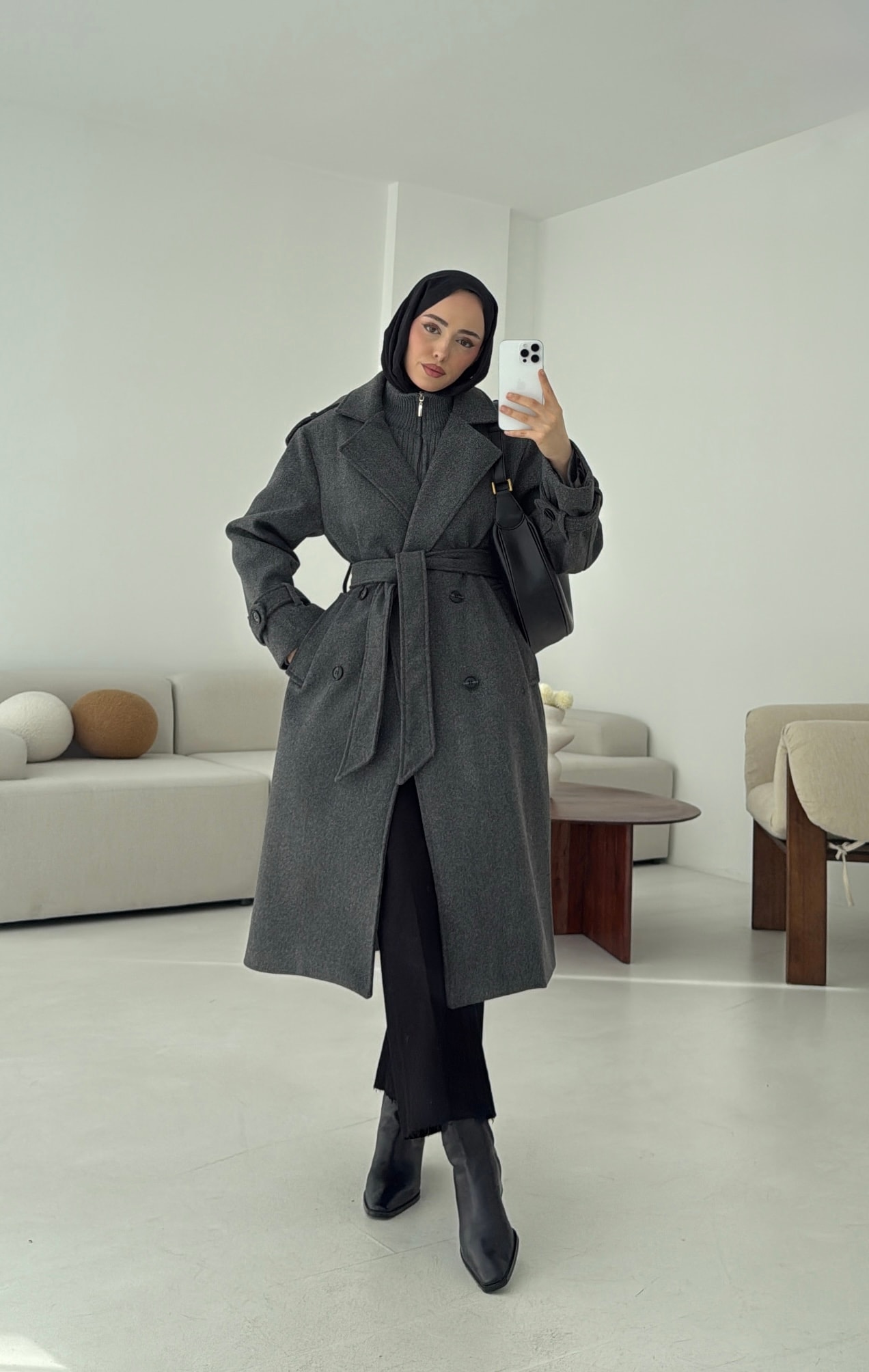 Premium Uzun Kaşe Kaban Antrasit