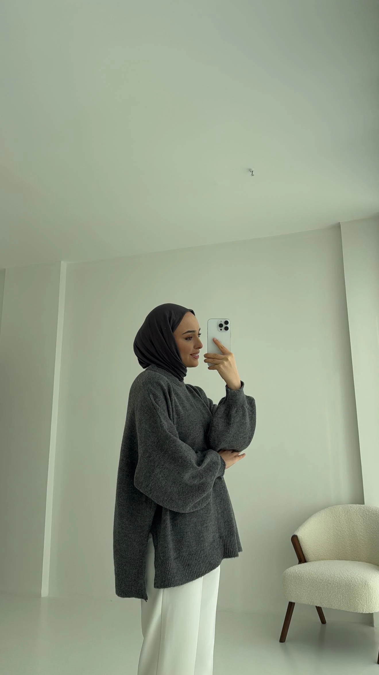 Yırtmaç Detay Balon Kol Triko Gri