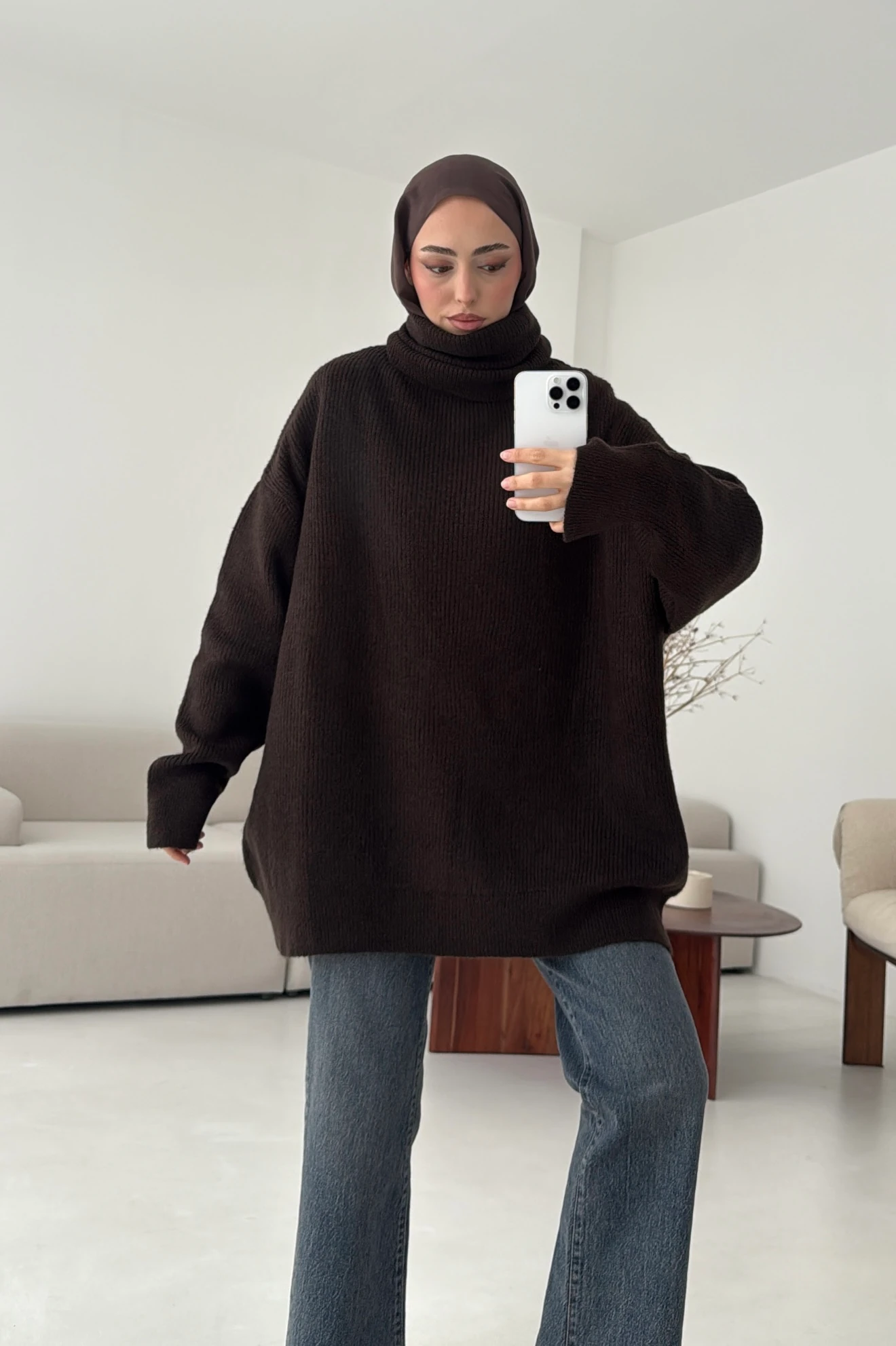 Balıkçı Yaka Oversizse Triko Kazak Kahve