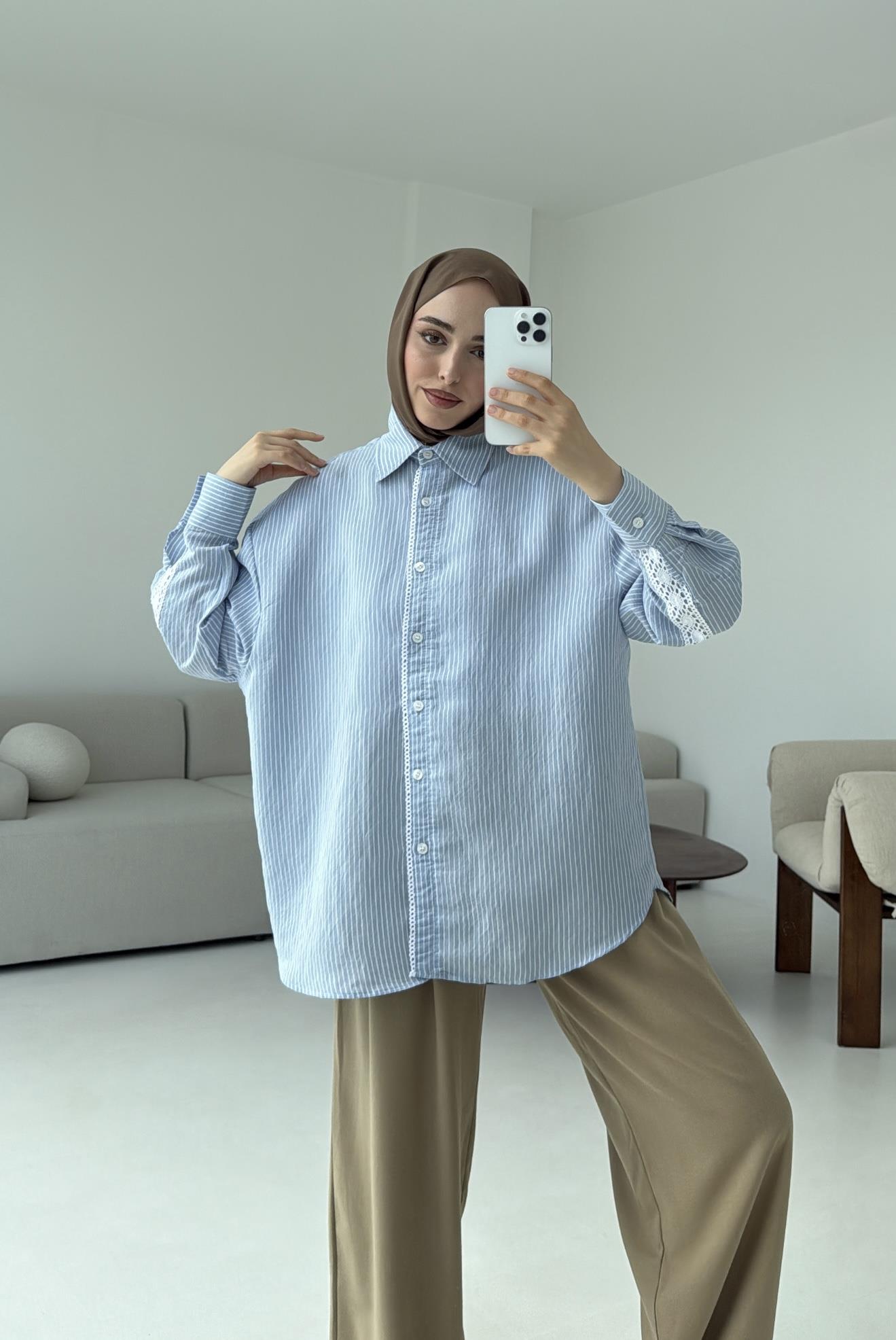 Çizgili Dantel Detay Gömlek Mavi