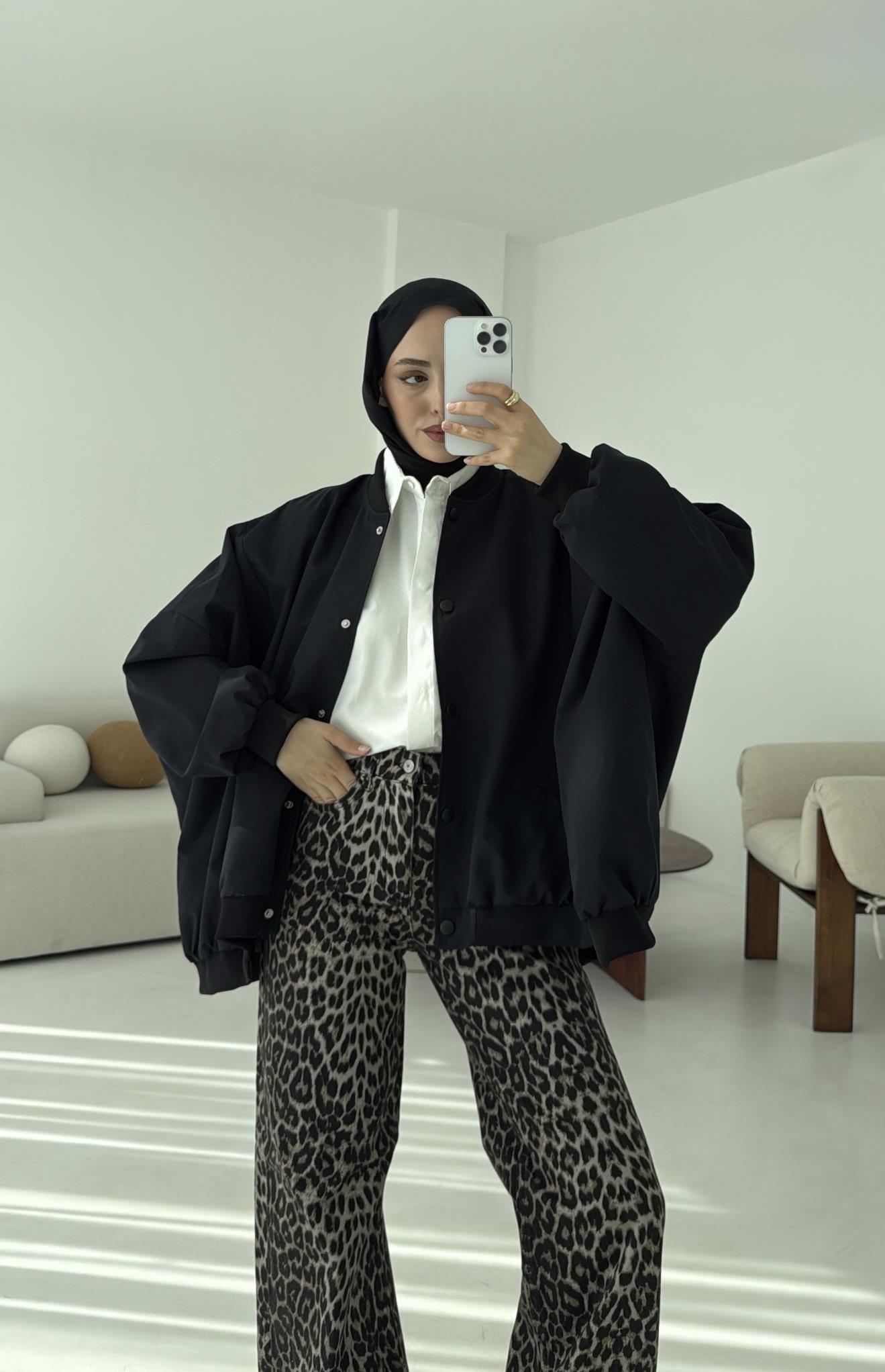 Overize Asimetrik Kesim Bomber Ceket Siyah