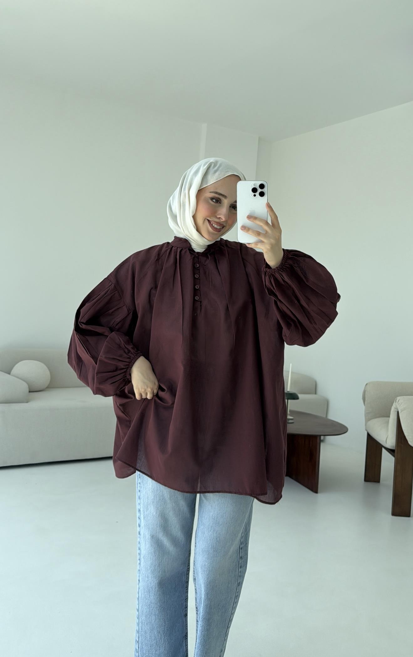 Yarım Dügmeli Vual Gömlek Bordo