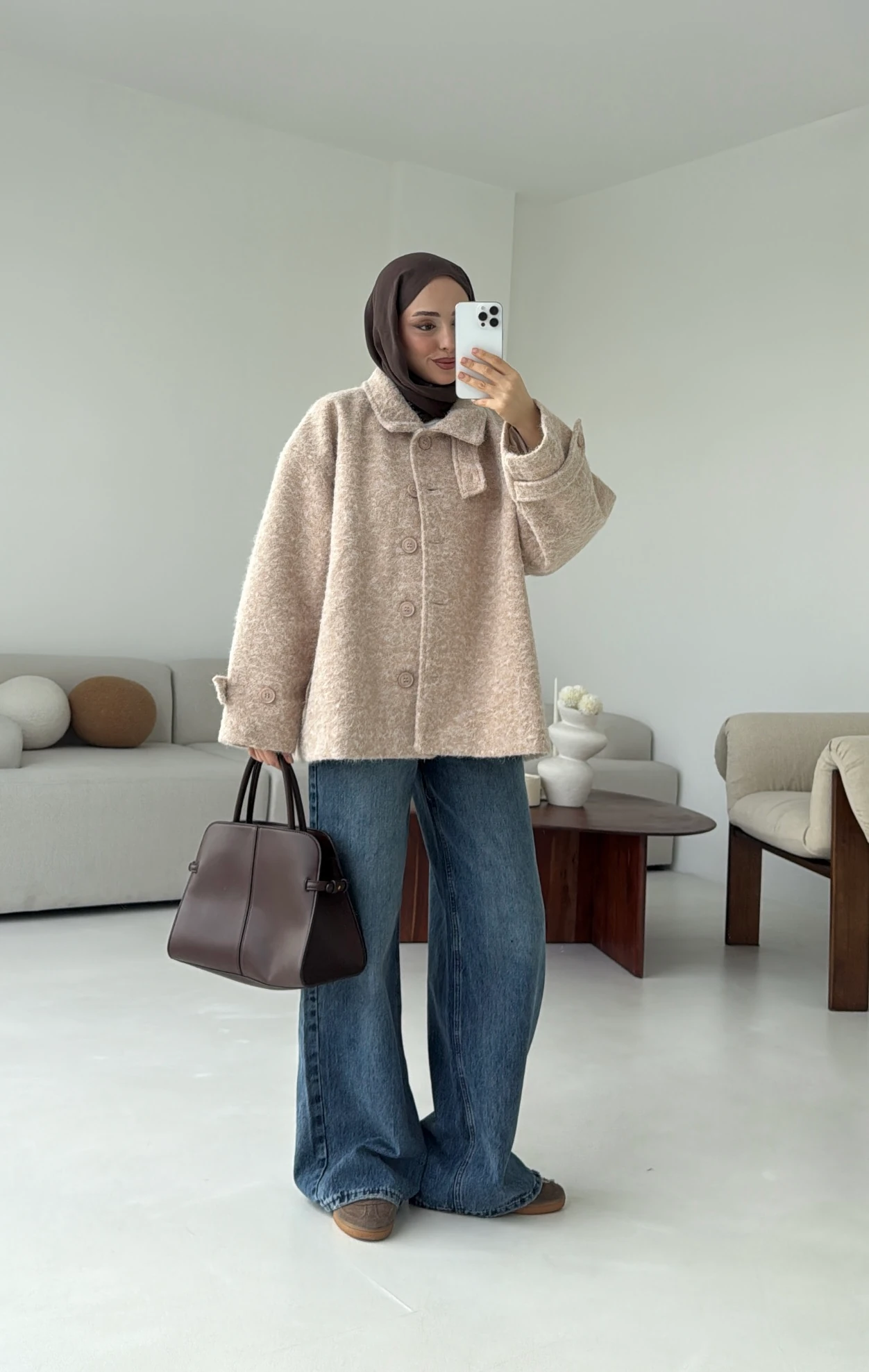 Boucle Yaka Detay Kaban Bej