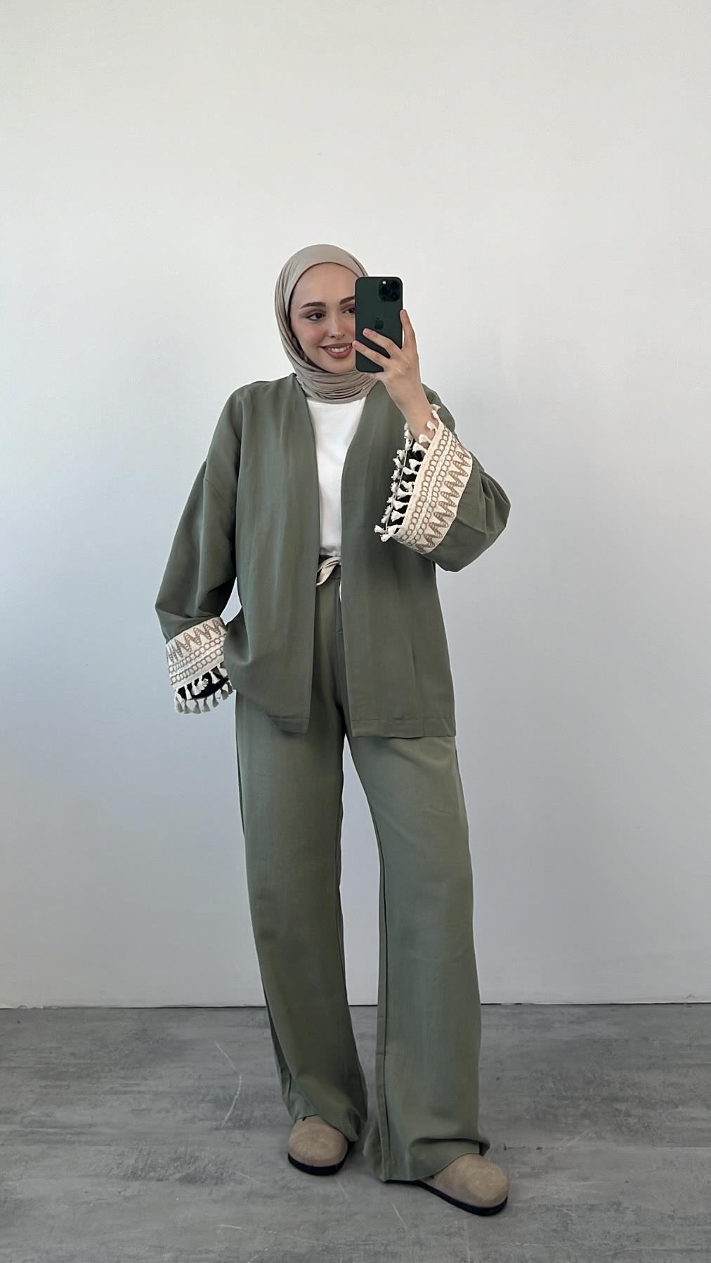 Kol Detay Kimonolu Keten Takım Yeşil