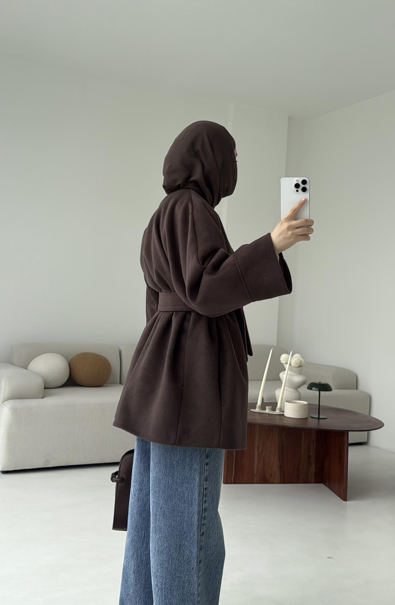 Premium Kuşaklı Kaşe Kaban Kahve