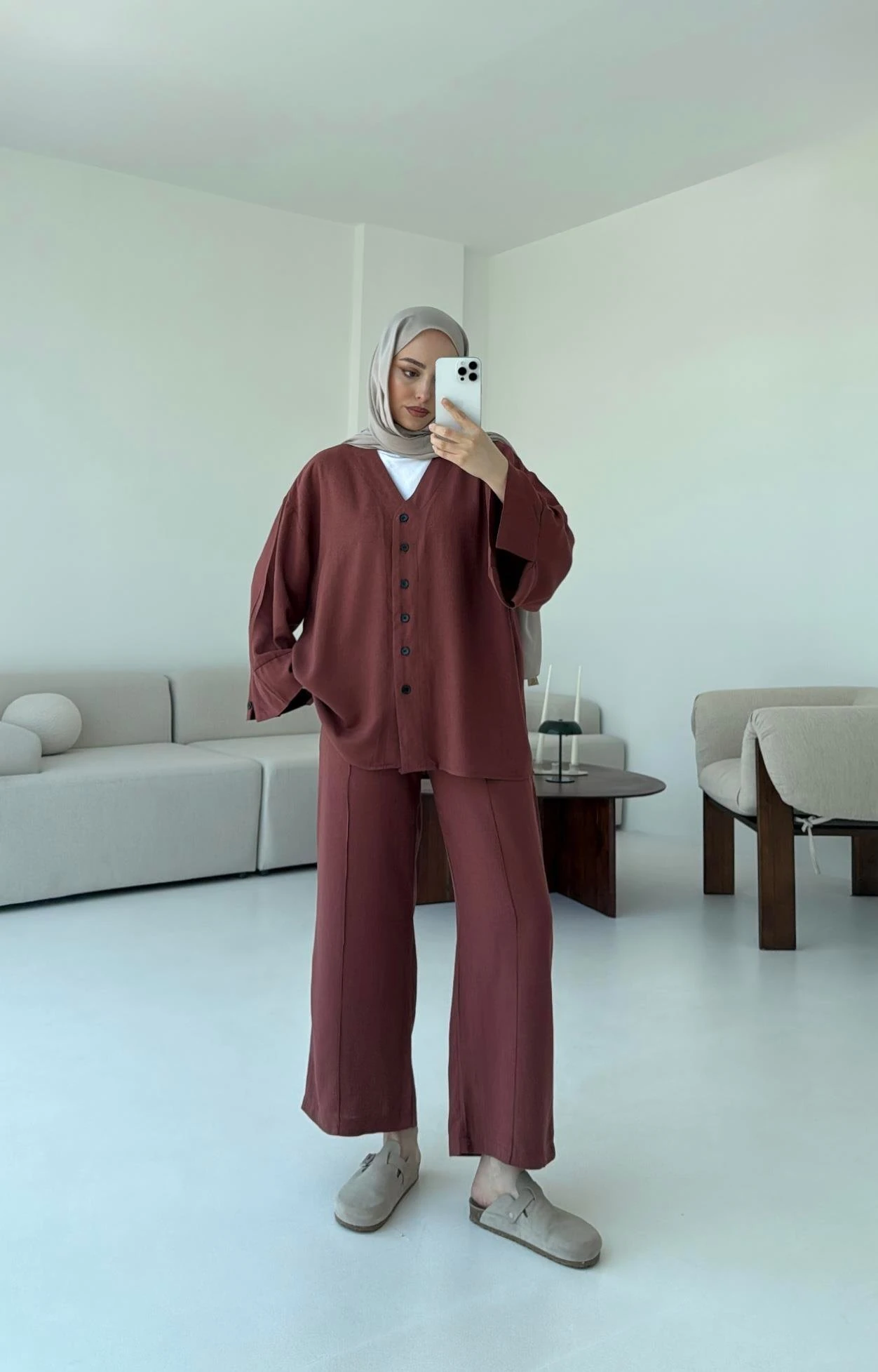 Düğmeli Kimono Takım Kiremit