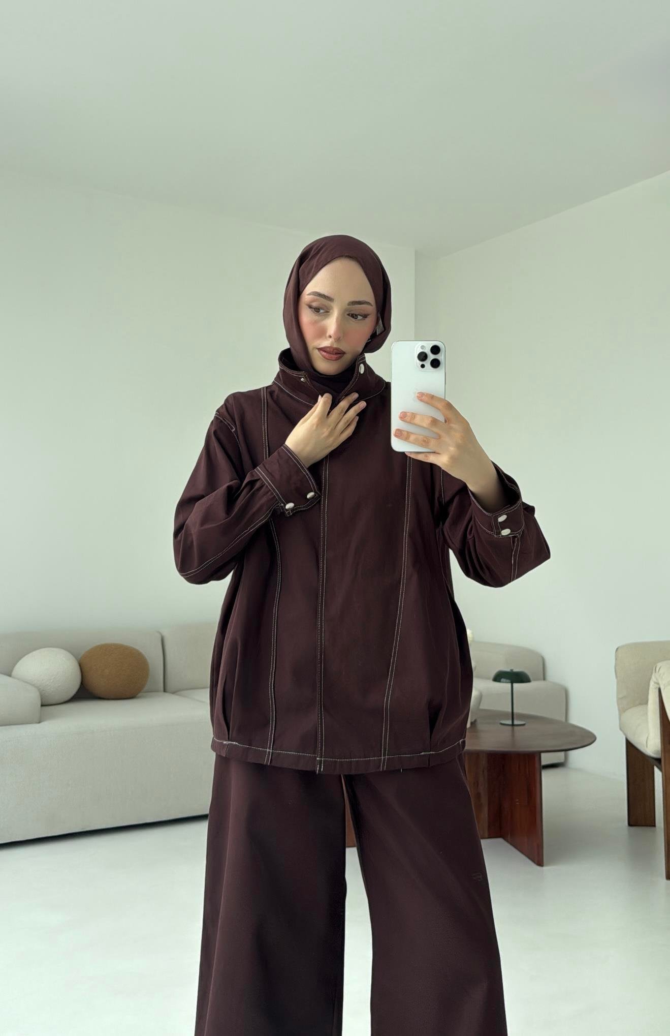 Kontrast Dikişli Gabardin Takım Kahve