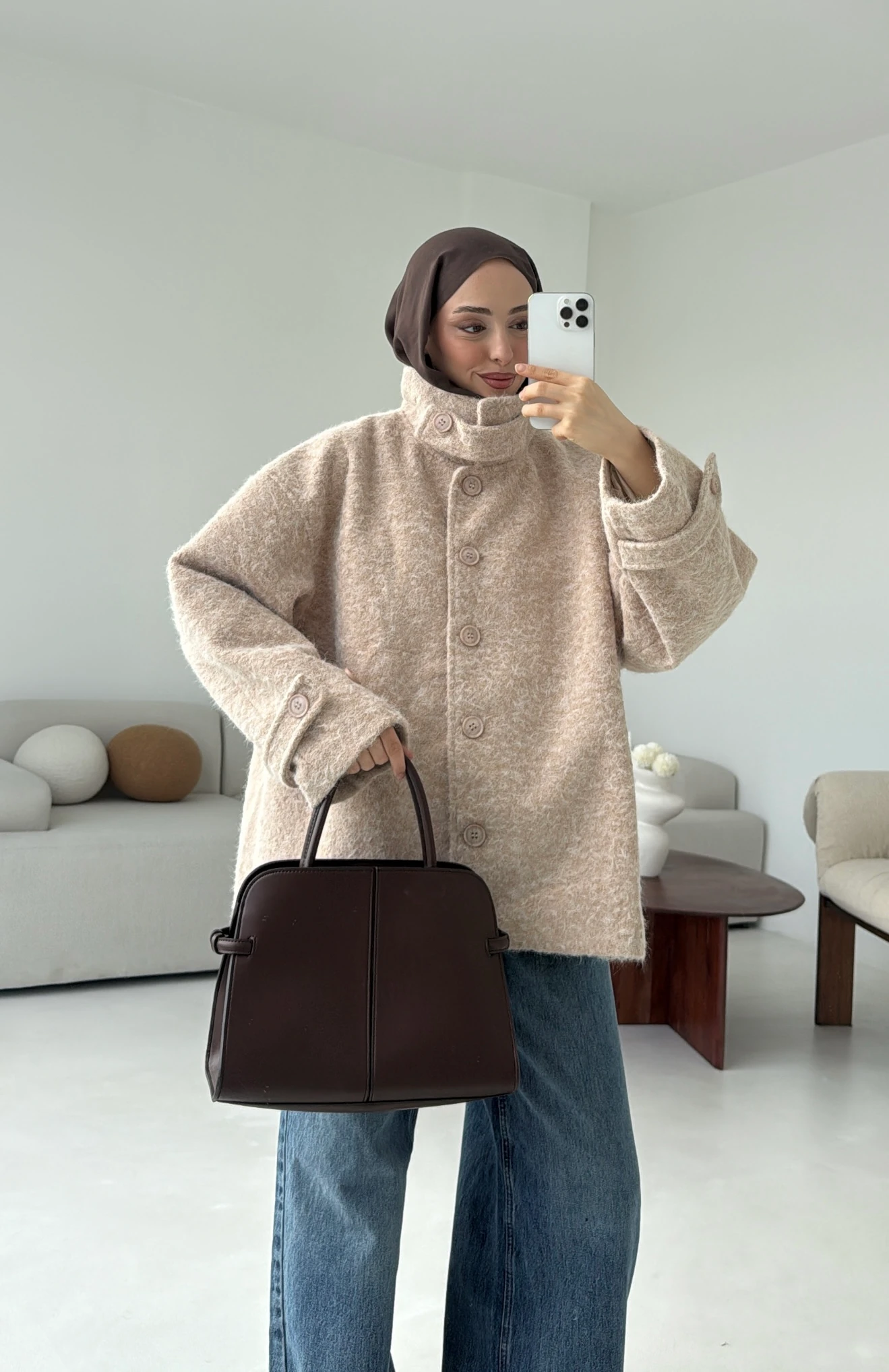 Boucle Yaka Detay Kaban Bej