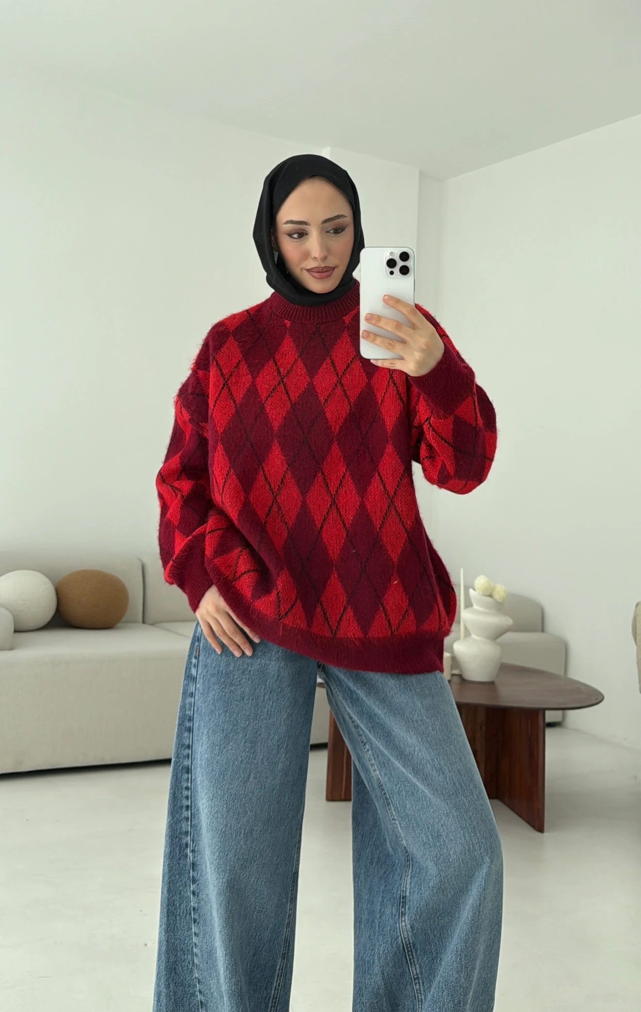 Baklava Desen Şardonlu Kazak Bordo