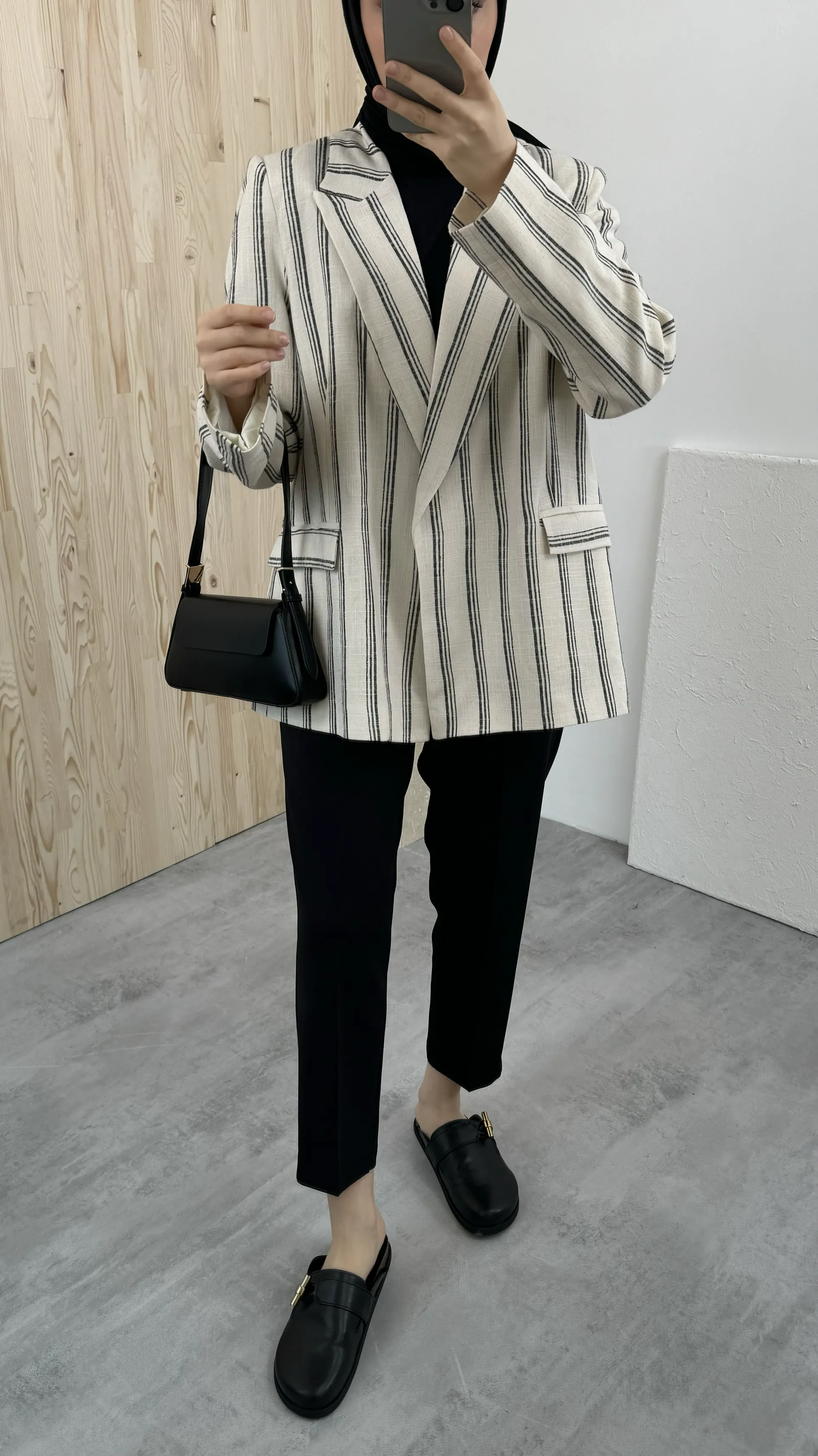 Çizgili Keten Blazer Ceket Siyah