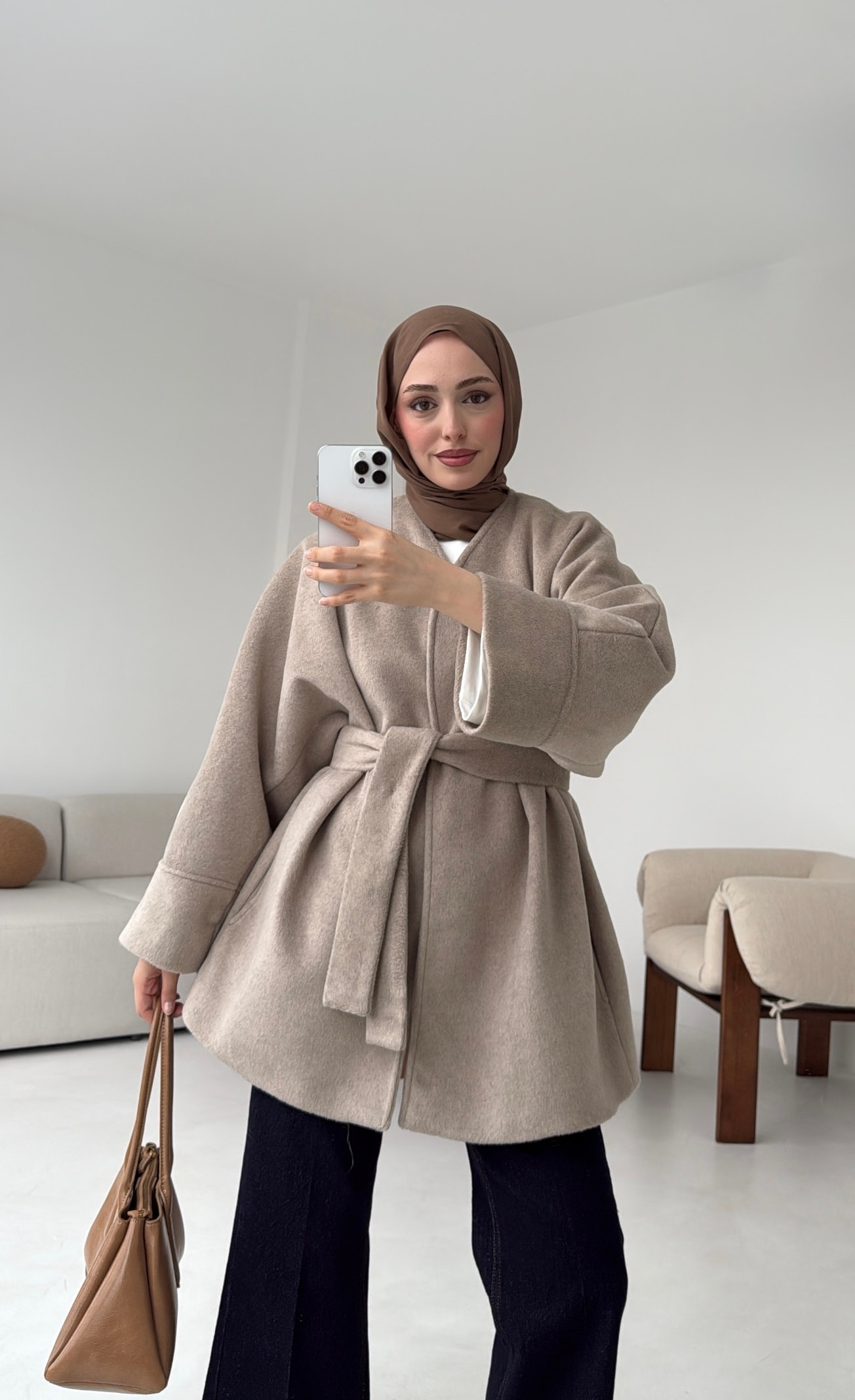 Premium Kuşaklı Kaşe Kaban Bej