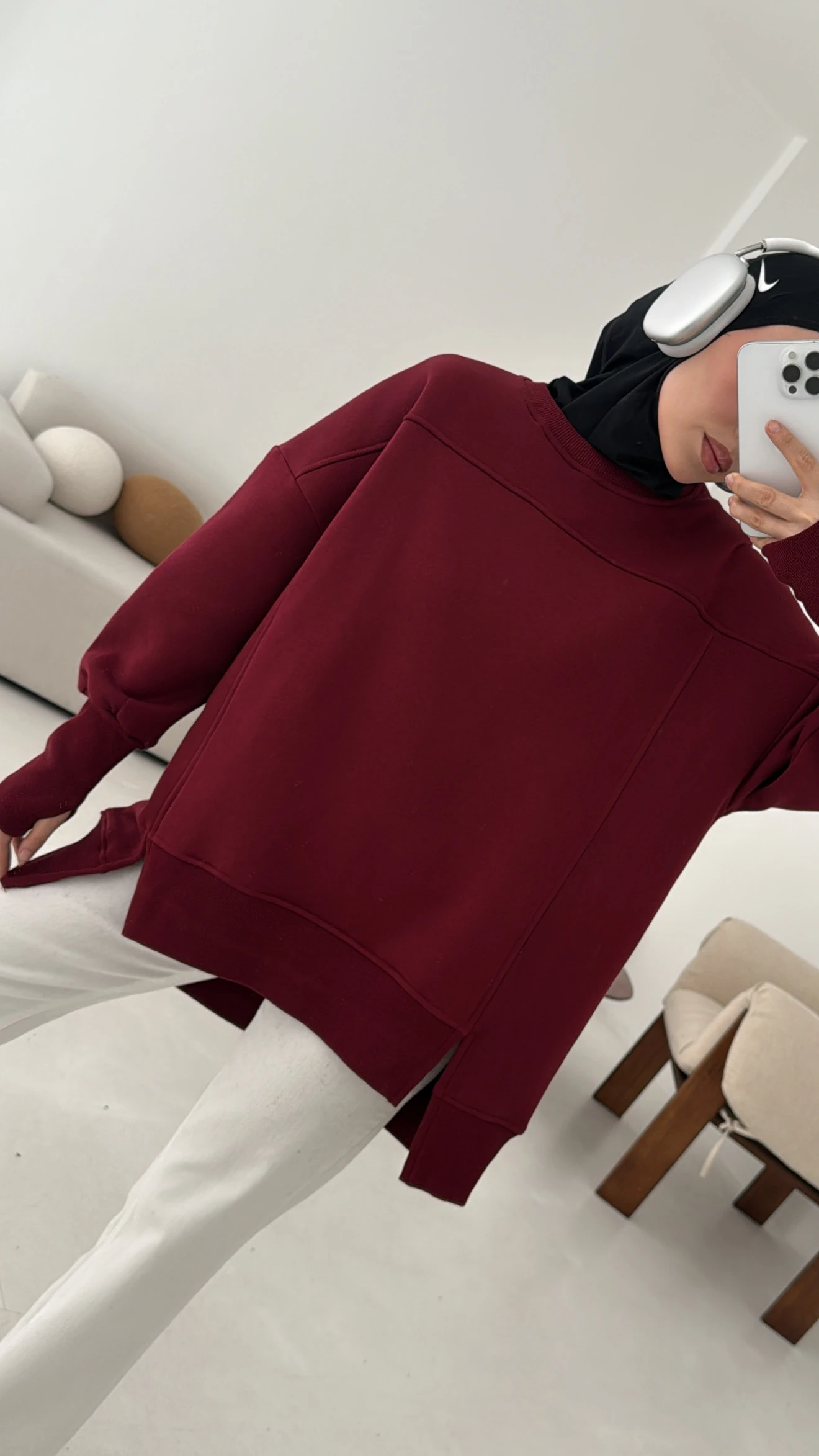 Parmak Geçmeli Asimetri Kesim Sweat Bordo