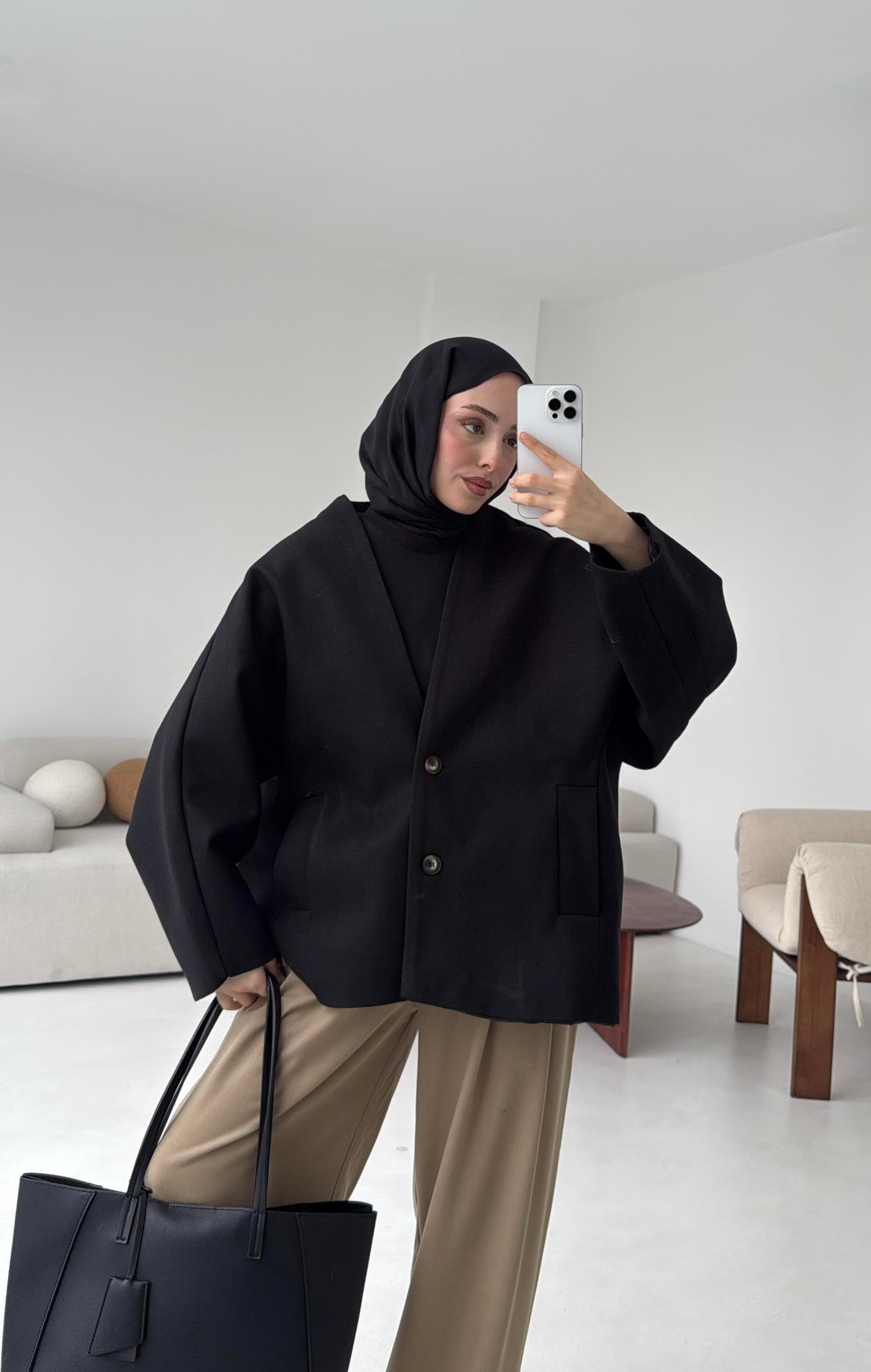 Soft Oversize Kaşe Kaban Siyah