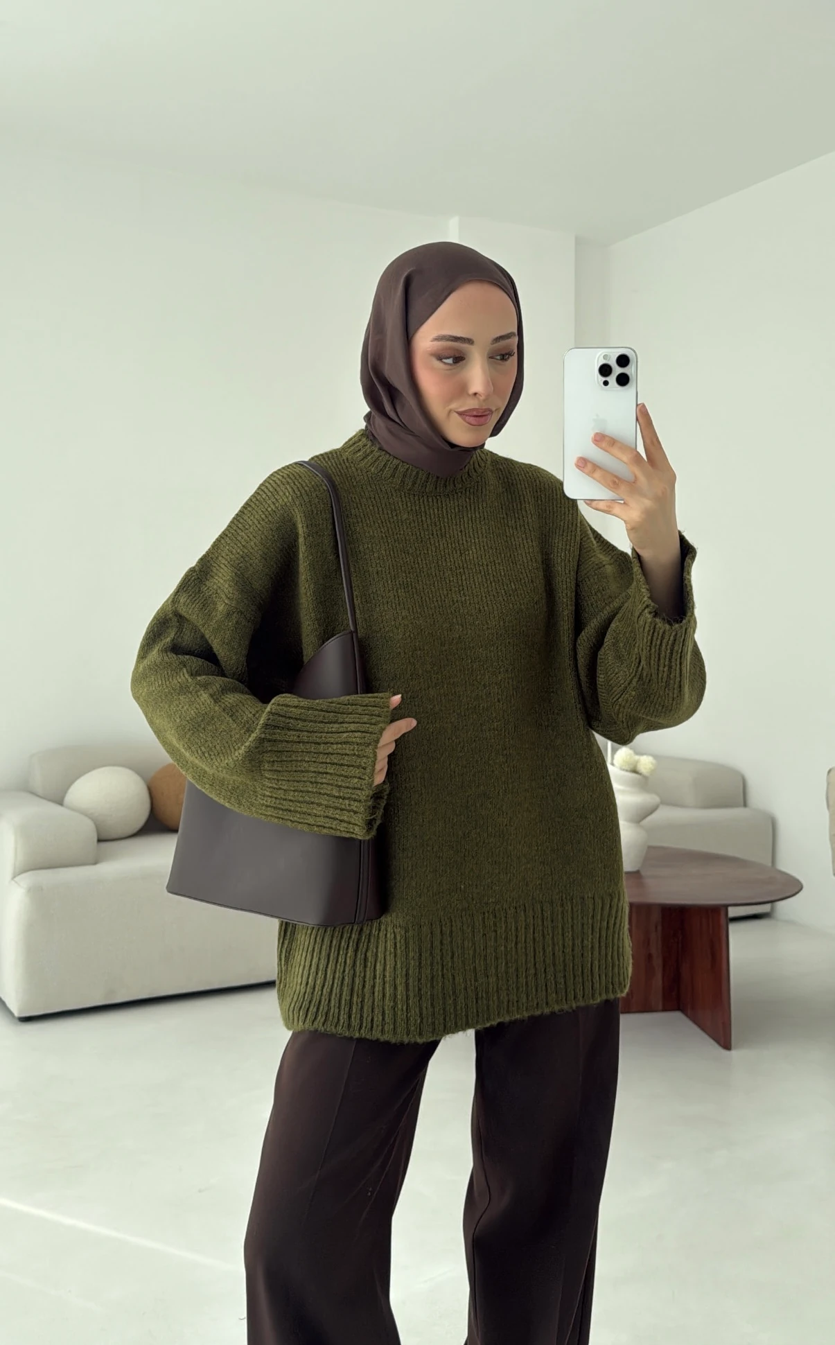 Çift Kat Triko Kazak Zeytin Yeşili