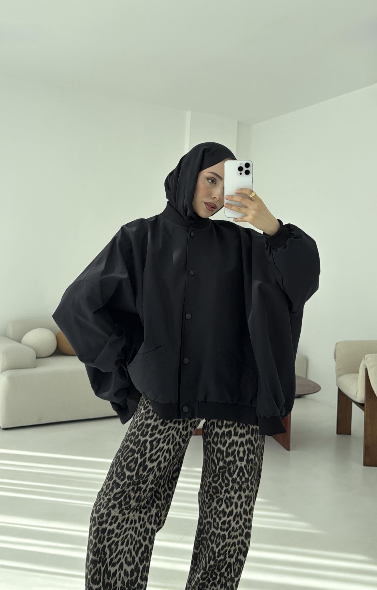 Overize Asimetrik Kesim Bomber Ceket Siyah