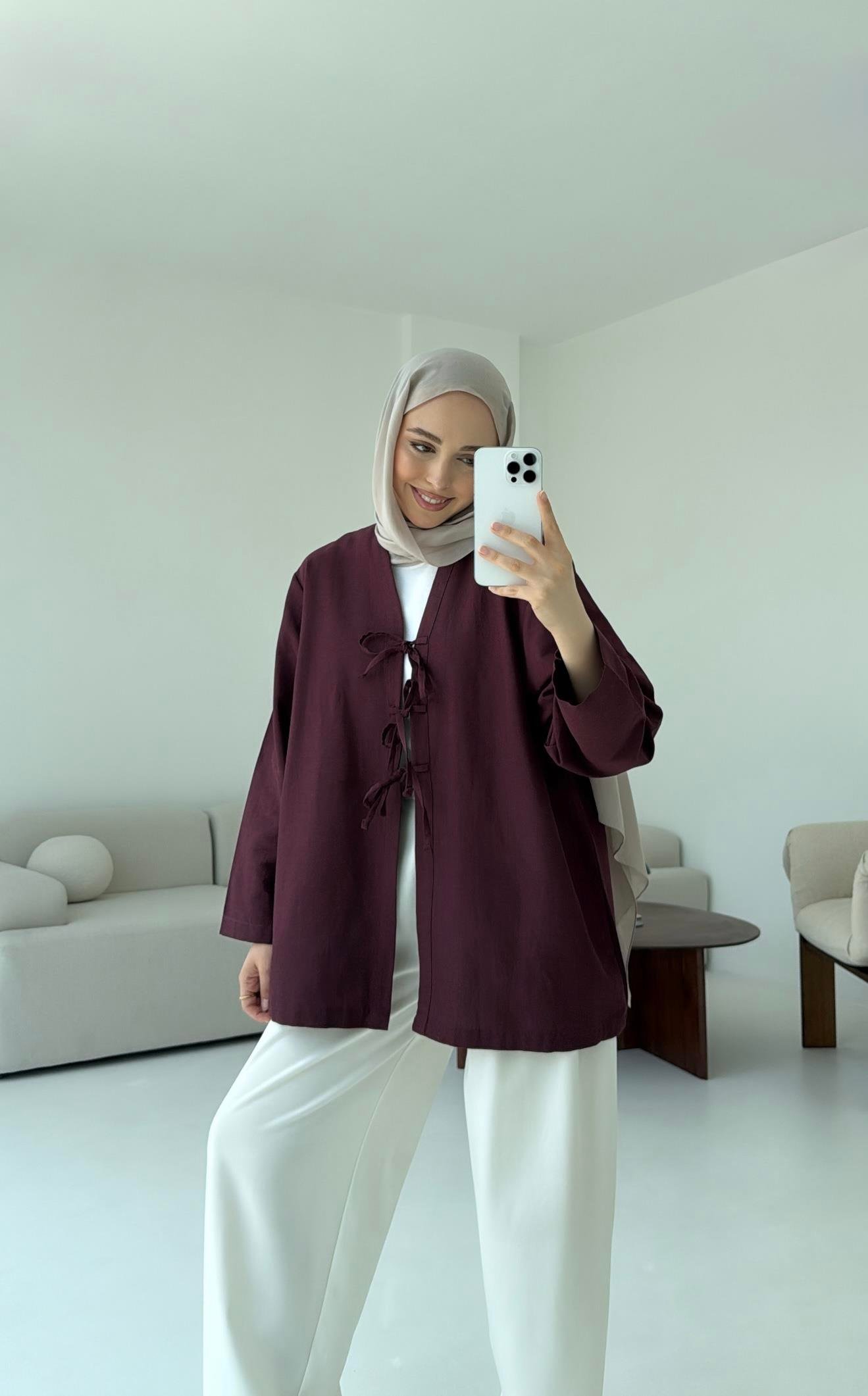 Keten Üç Bağlamalı Kimono Bordo