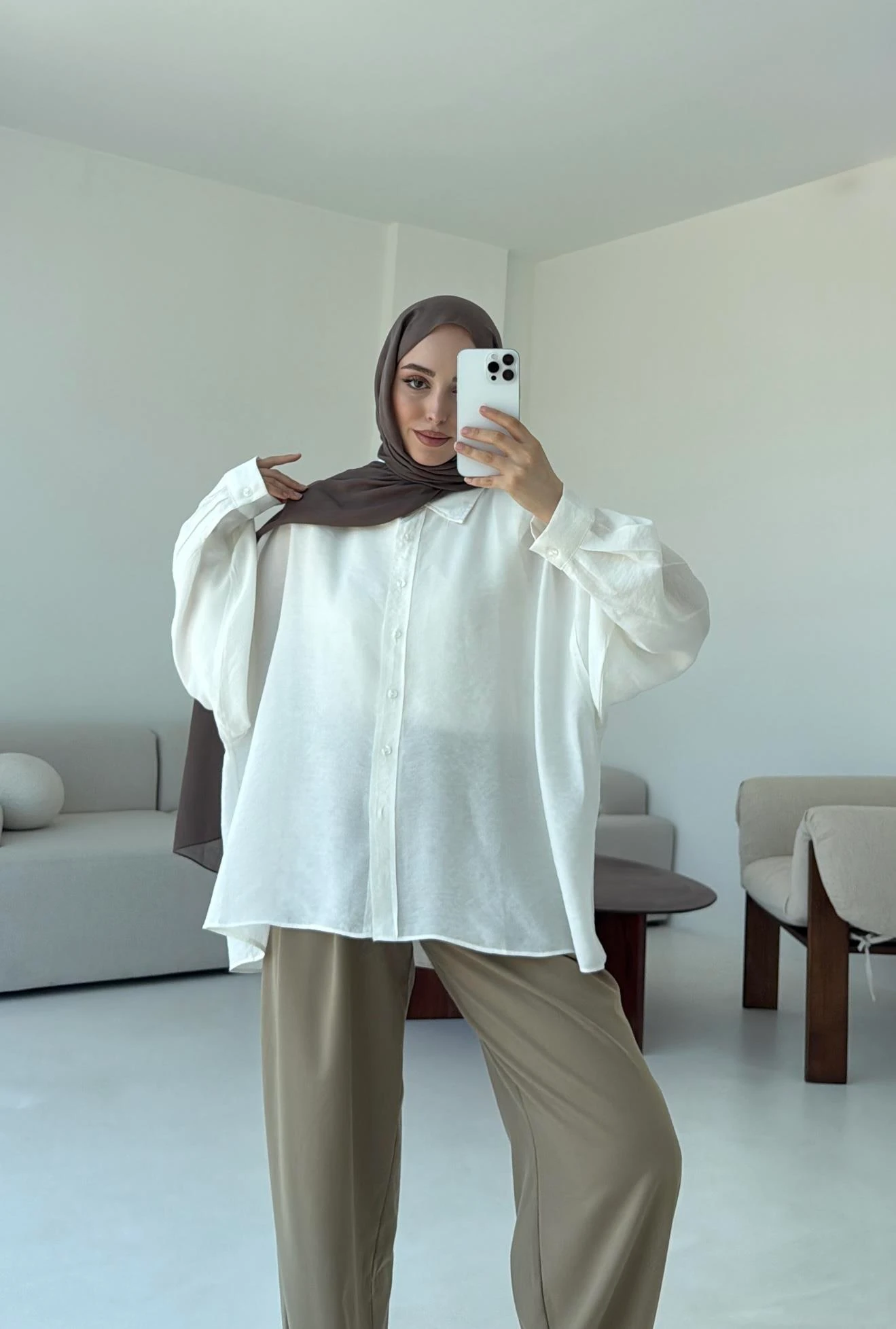 Tencel Pis Dikiş Oversize Beyaz Gömlek