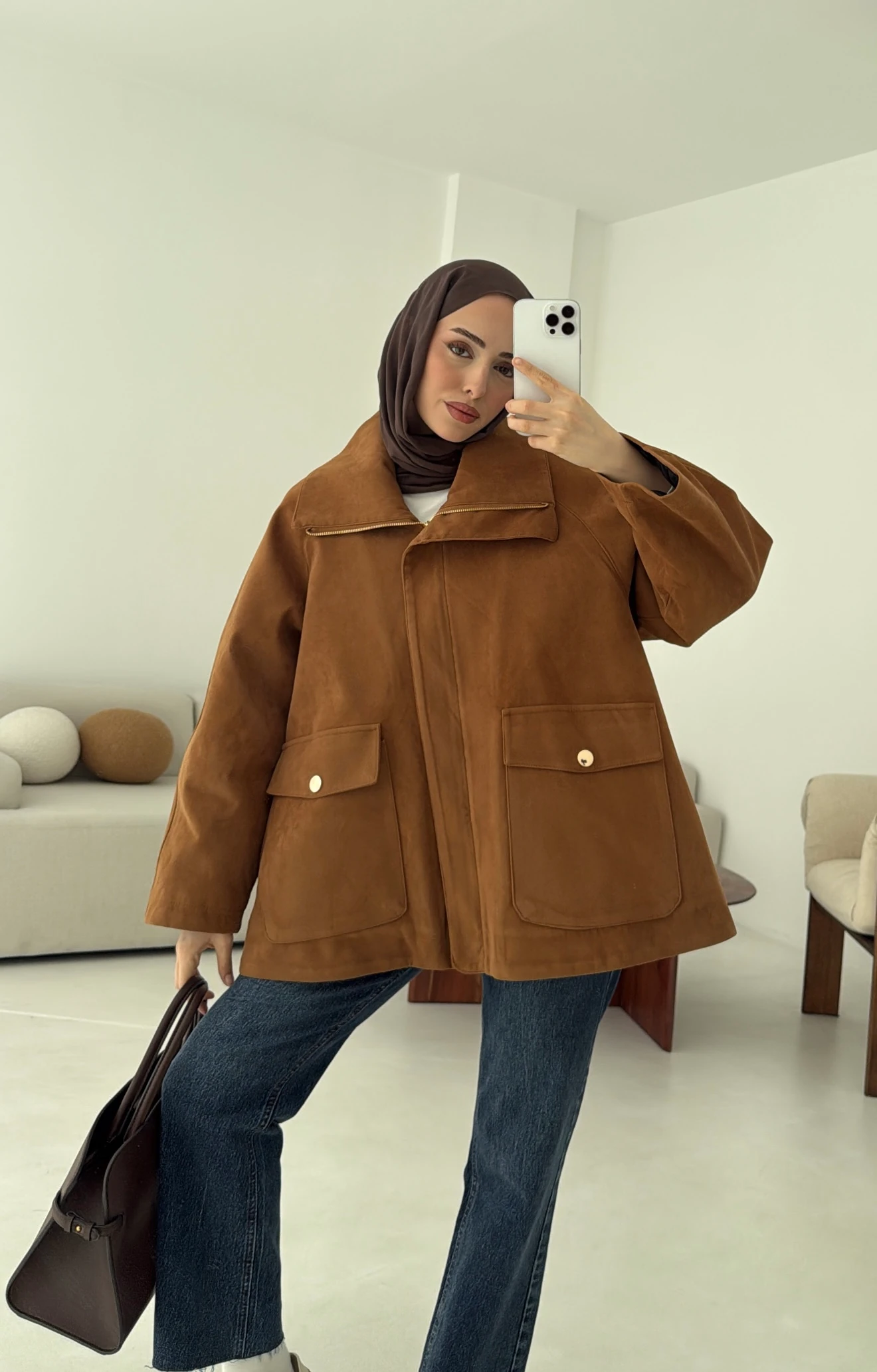 Oversize Dolgulu Süet Ceket Taba